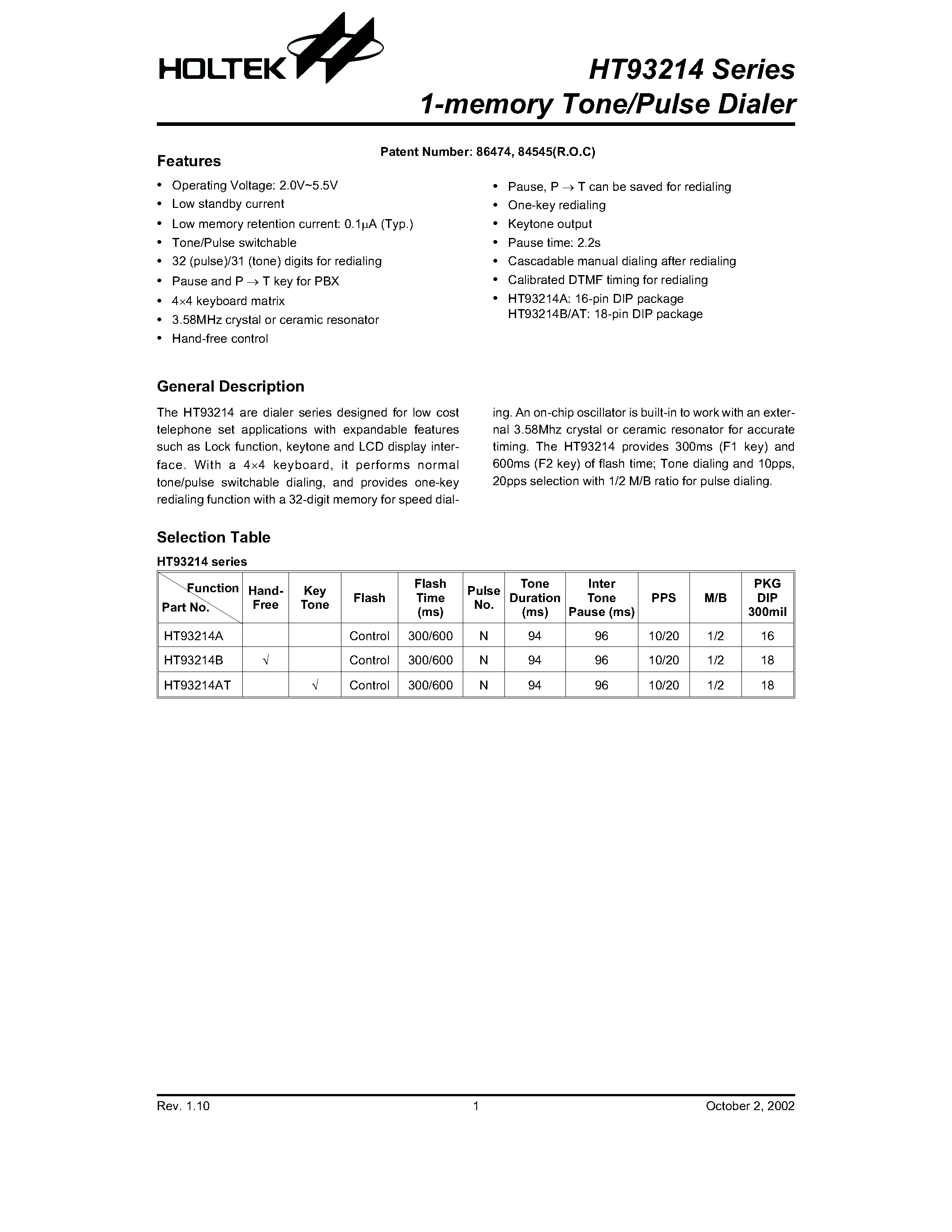 Даташит на микросхему HT93214AT страница 1 Даташит HT93214AT - 1-memory Tone/Pulse Dialer страница 1