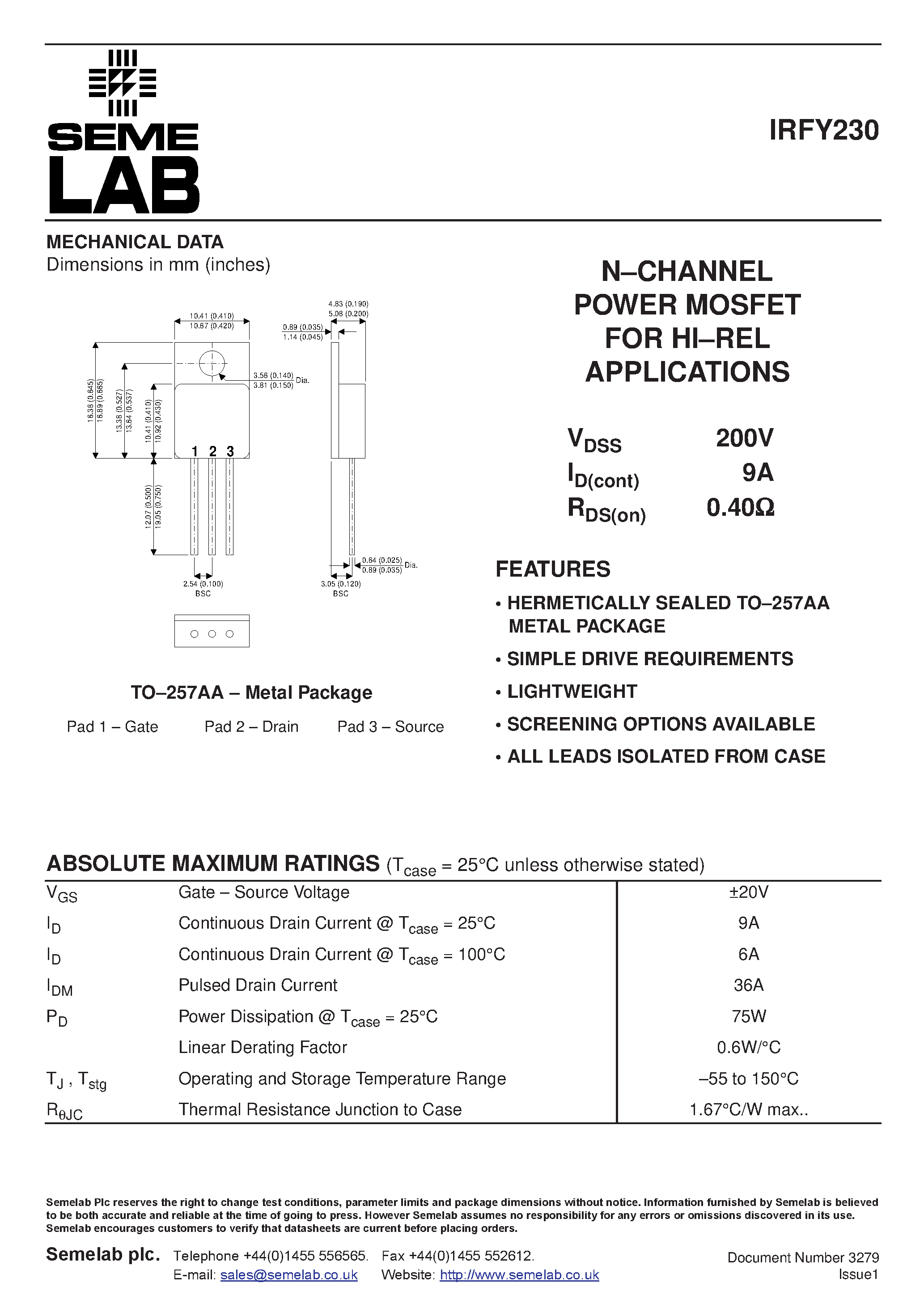 Datasheet IRFY230 - NCHANNEL POWER MOSFET FOR HIREL APPLICATIONS page 1