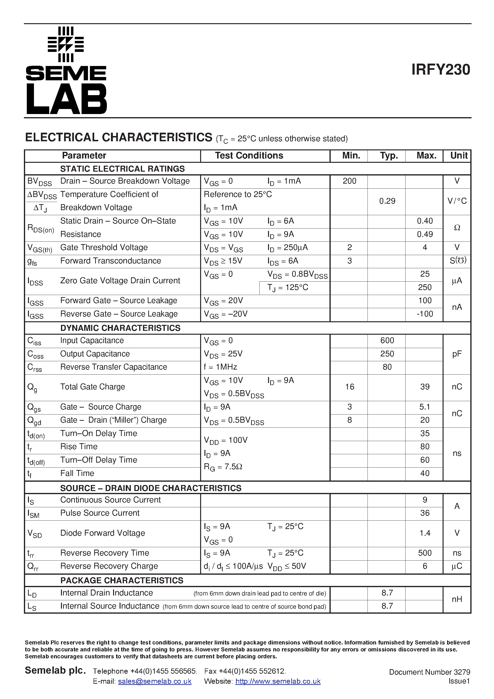 Datasheet IRFY230 - NCHANNEL POWER MOSFET FOR HIREL APPLICATIONS page 2