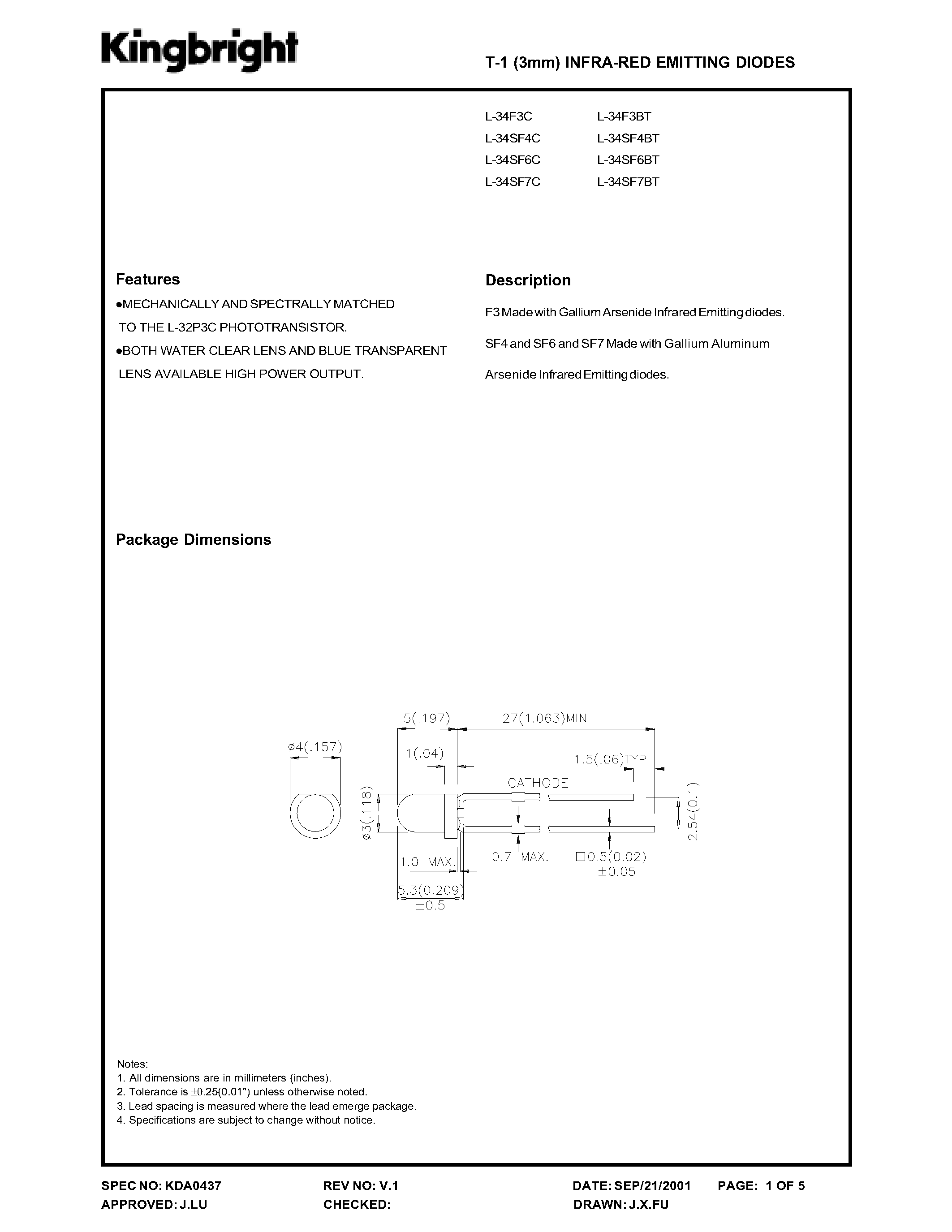 Datasheet L-34F3C page 1 Datasheet L-34F3C - INFRA-RED EMITTIMG DIODES page 1