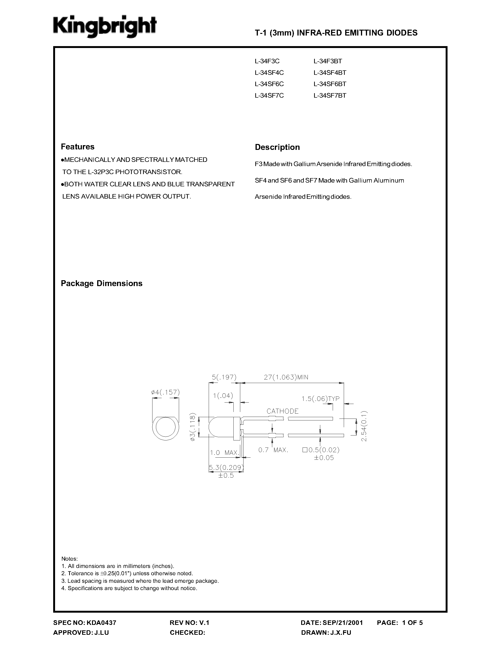 Datasheet L-34F3C - INFRA-RED EMITTIMG DIODES page 1