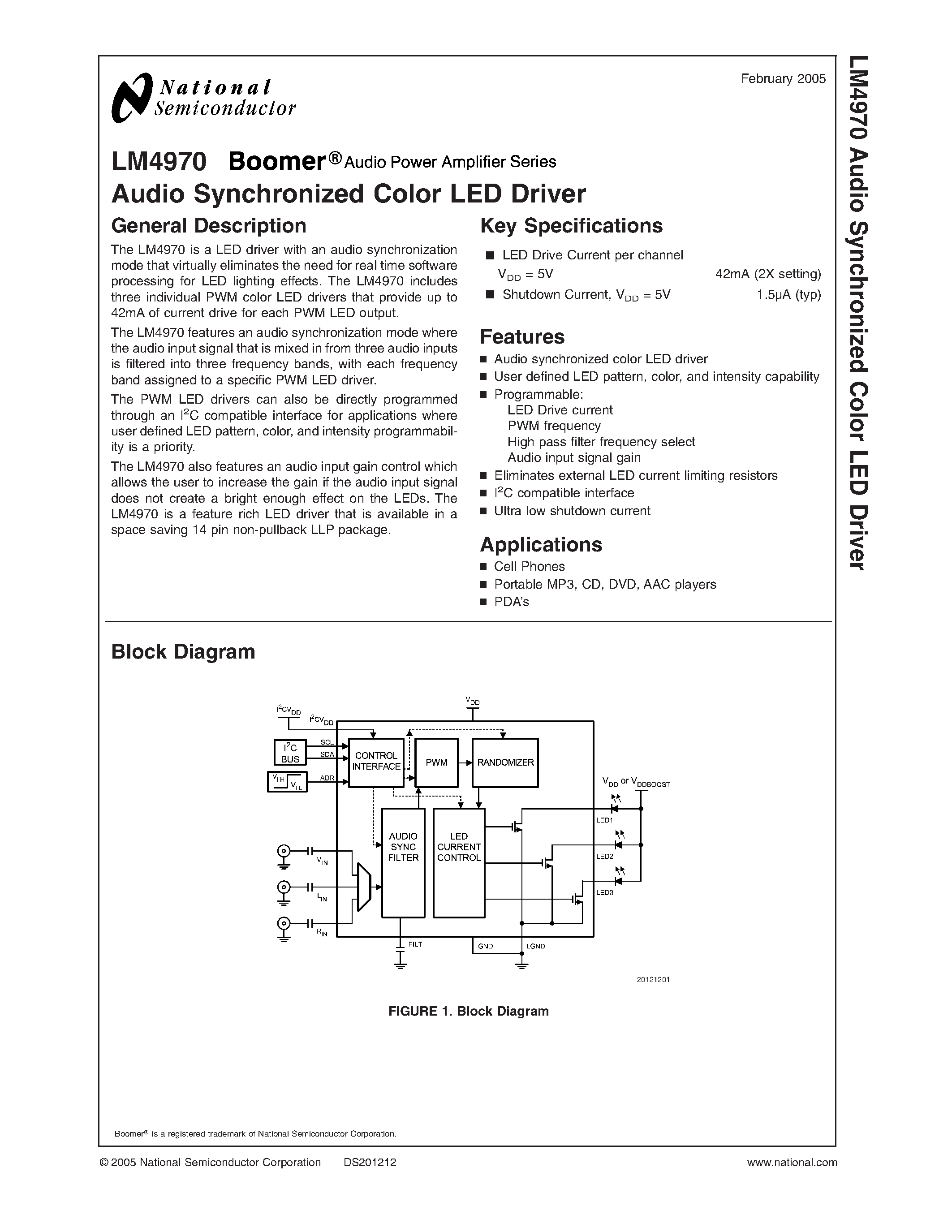 Даташит LM4970 - Audio Synchronized Color LED Driver страница 1