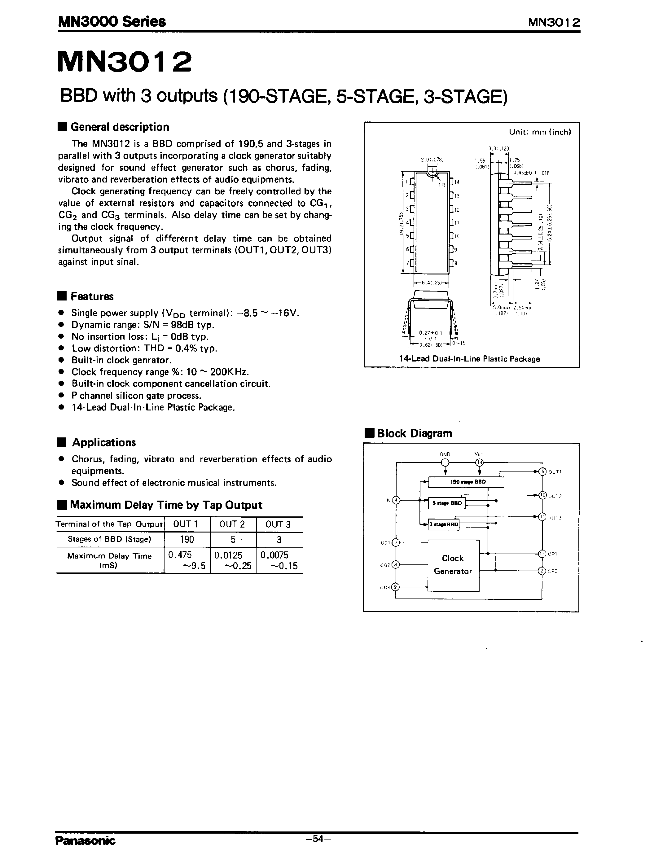 Datasheet MN3012 - BBD WITH 3 OUTPUTS page 1