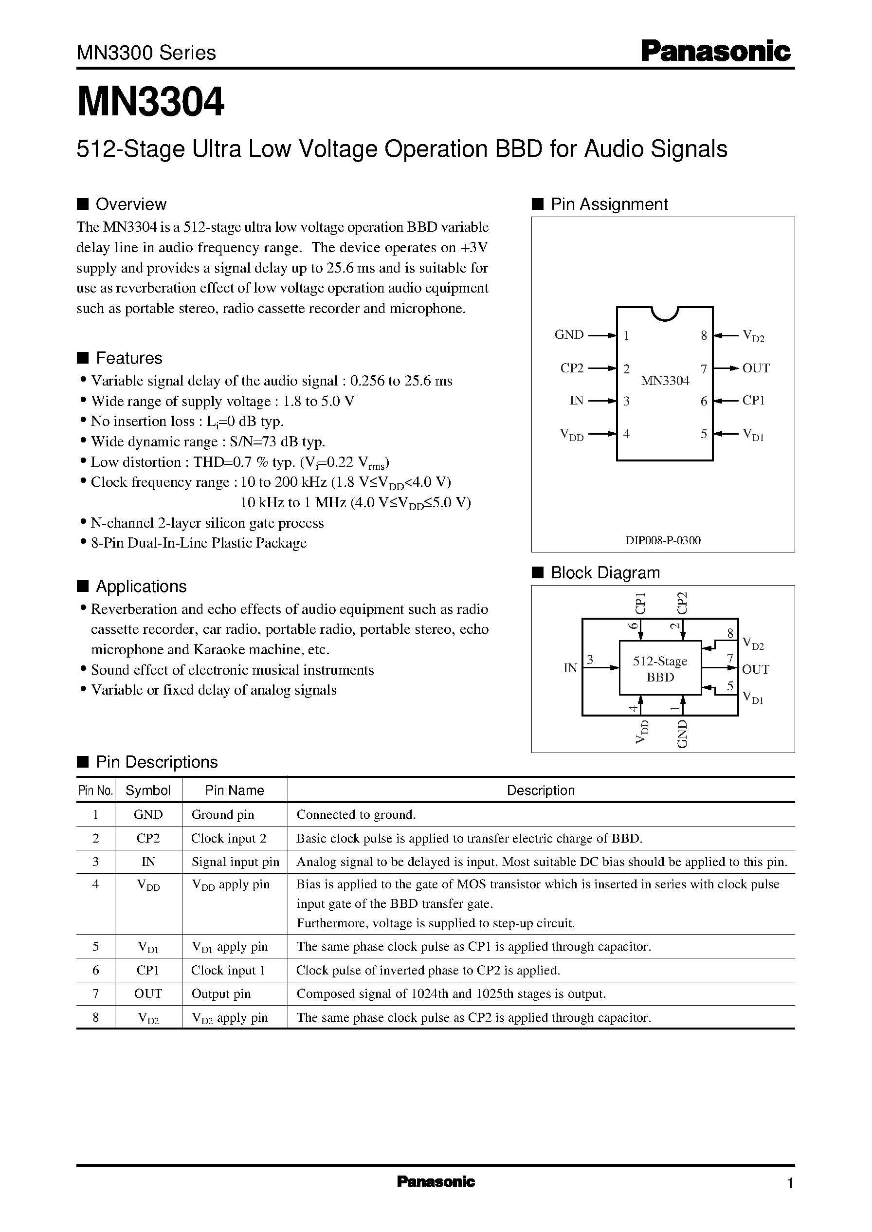Datasheet MN3304 - 512-Stage Ultra Low Voltage Operation BBD for Audio Signals page 1
