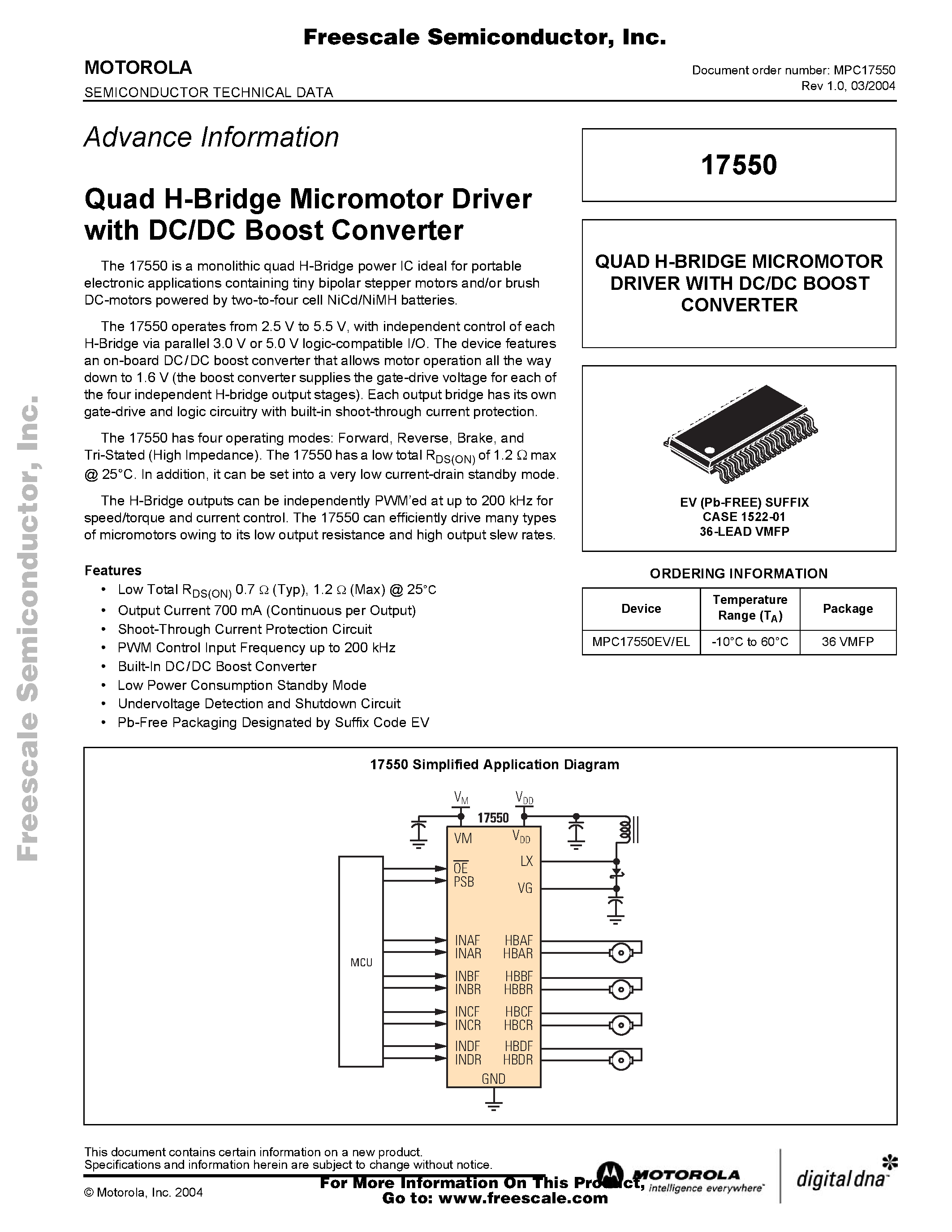 Datasheet MPC17550EL page 1 Datasheet MPC17550EL - Quad H-Bridge Micromotor Driver with DC/DC Boost Converter page 1