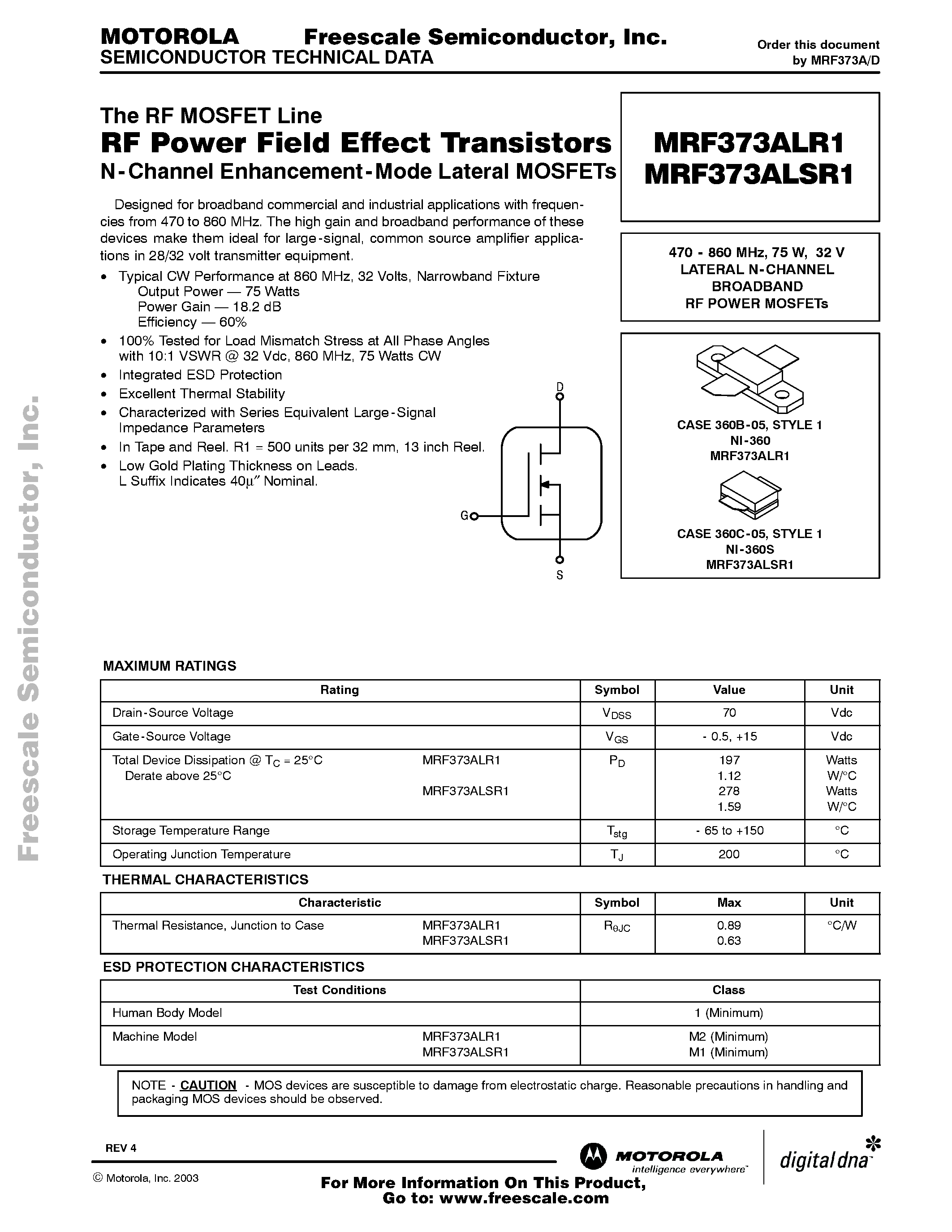 Datasheet MRF373ALR1 page 1 Datasheet MRF373ALR1 - RF Power Field Effect Transistors page 1