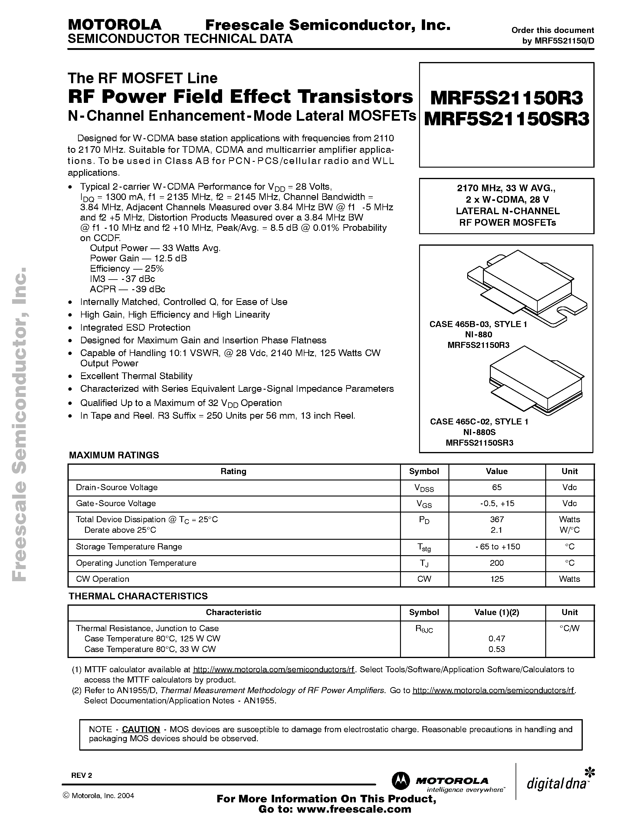 Datasheet MRF5S21150R3 page 1 Datasheet MRF5S21150R3 - RF POWER FIELD EFFECT TRANSISTORS page 1