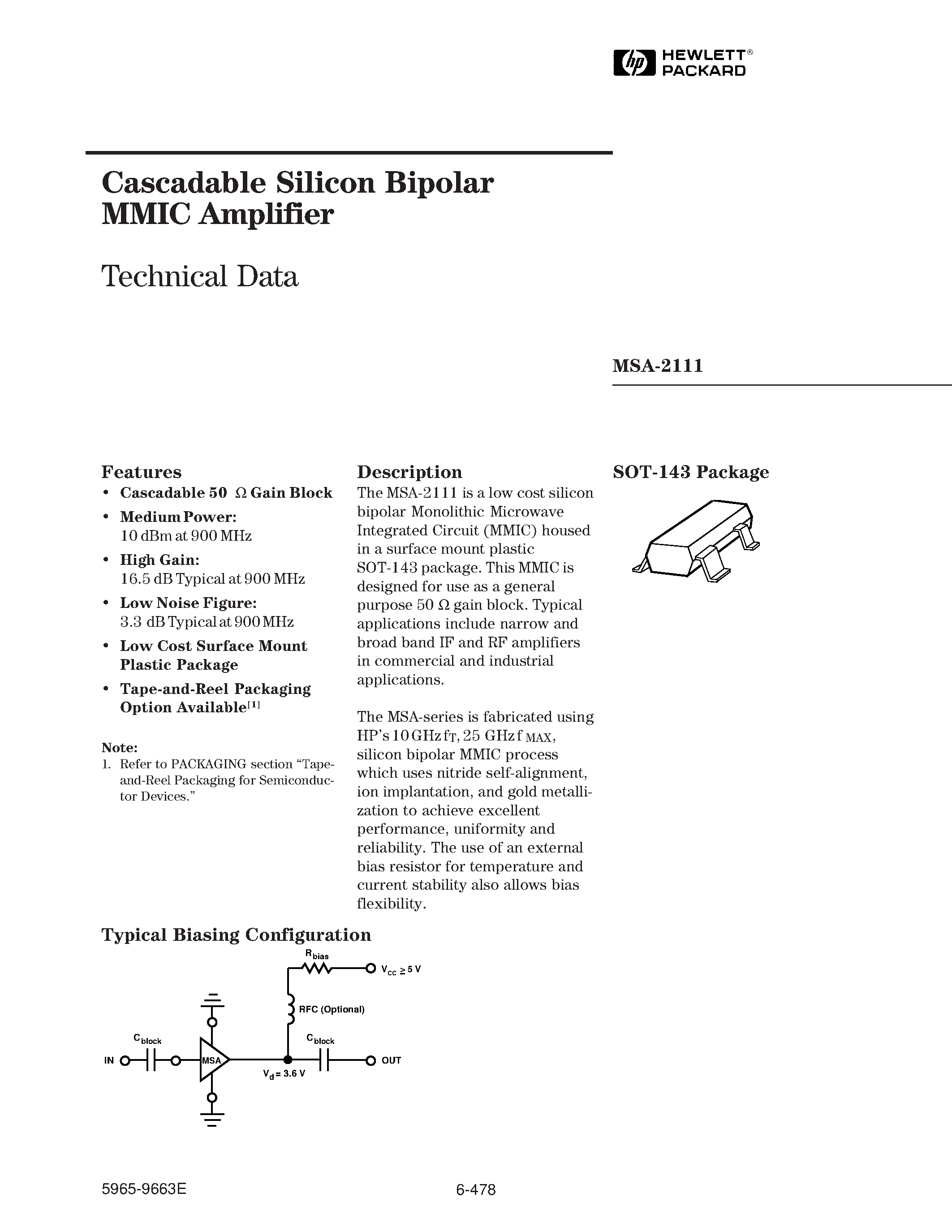 Datasheet MSA-2111-TR1 page 1 Datasheet MSA-2111-TR1 - Cascadable Silicon Bipolar MMIC Amplifier page 1