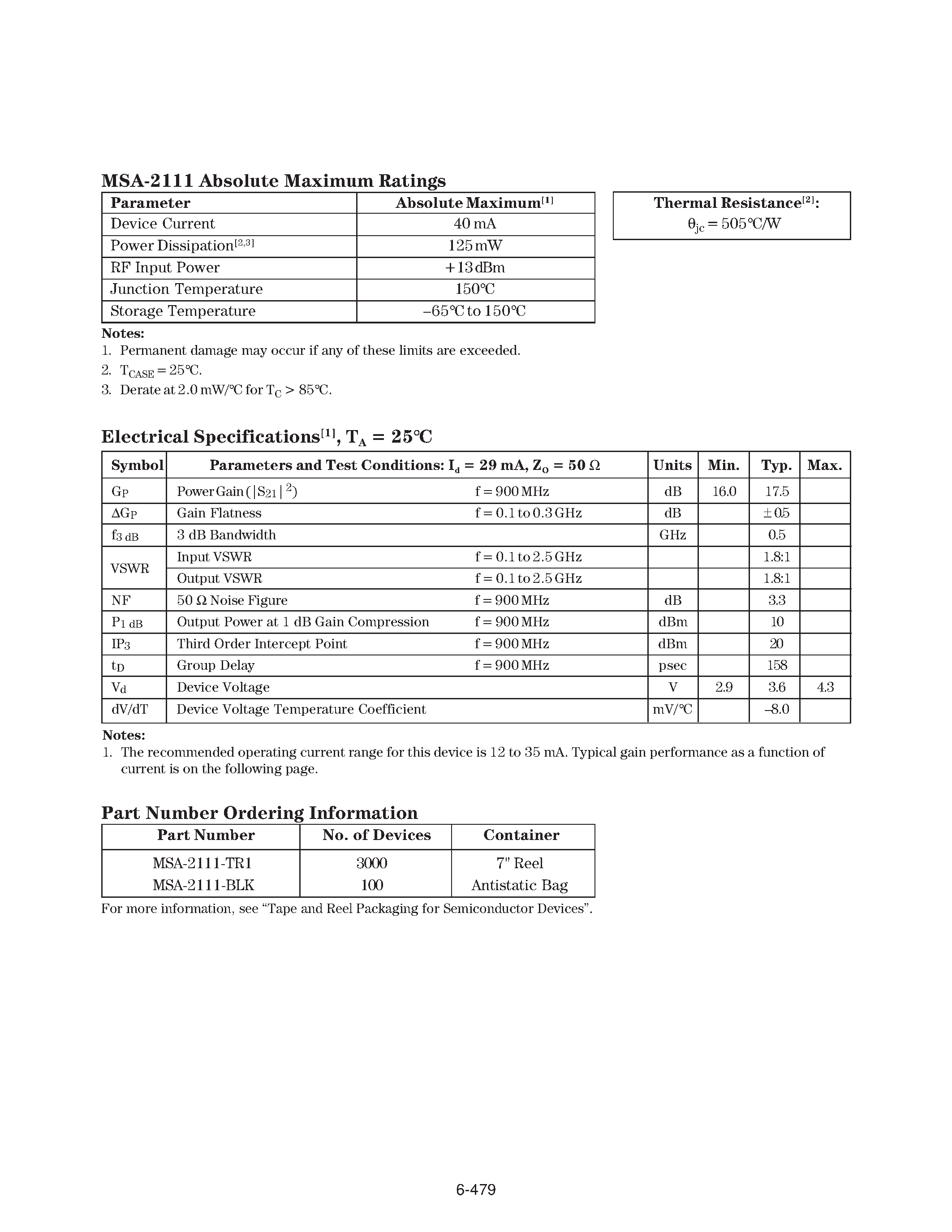 Datasheet MSA-2111-TR1 page 2 Datasheet MSA-2111-TR1 - Cascadable Silicon Bipolar MMIC Amplifier page 2