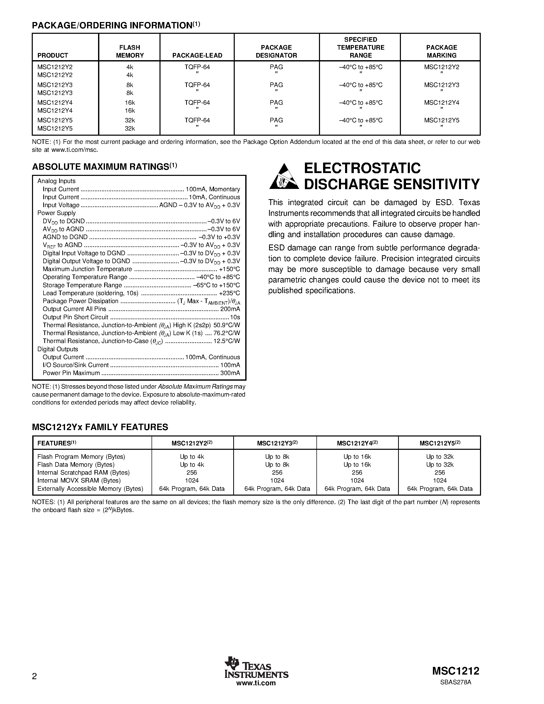 Datasheet MSC1212Y2PAGT - Precision Analog-to-Digital Converter (ADC) page 2