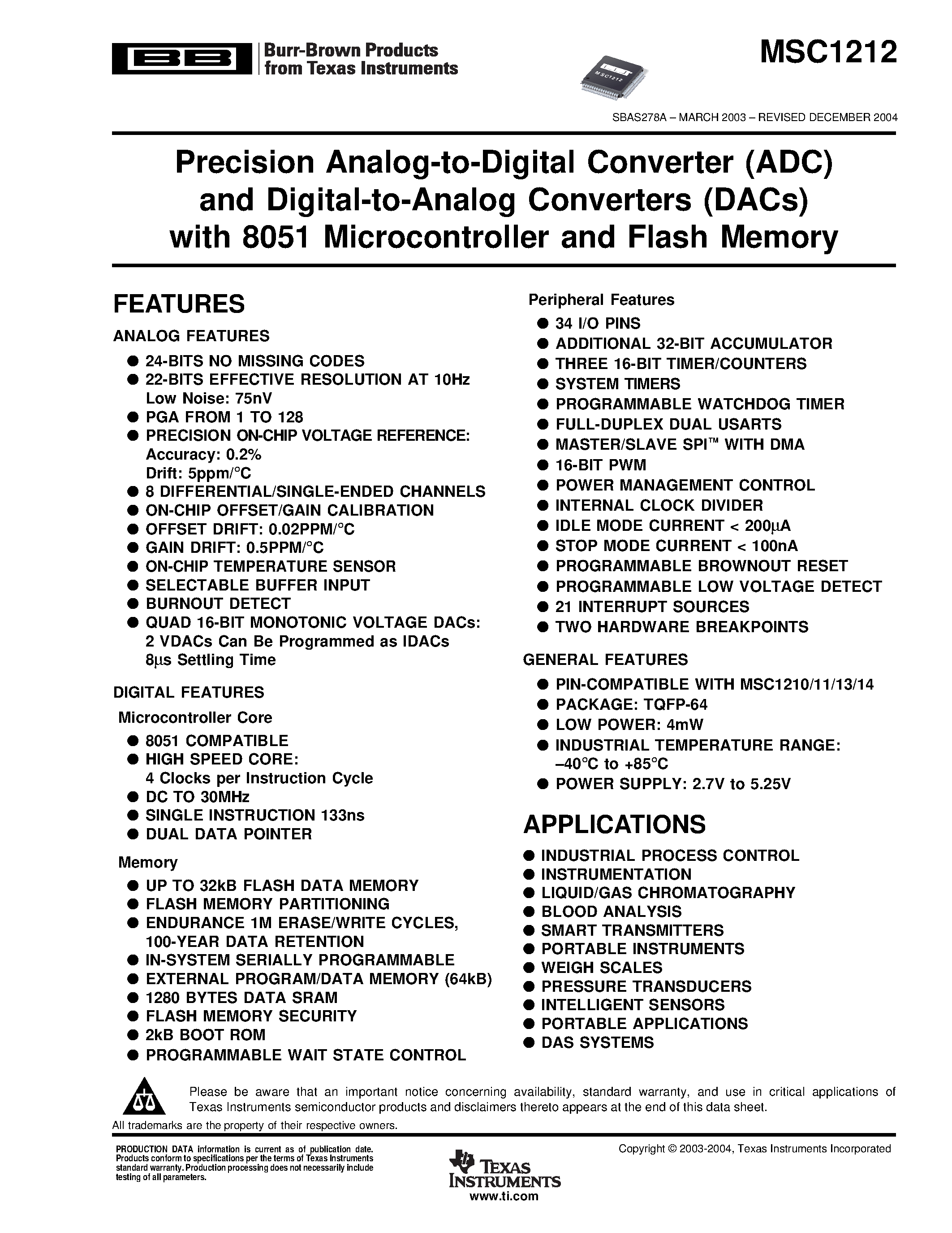 Datasheet MSC1212Y5PAGT - Precision Analog-to-Digital Converter (ADC) page 1