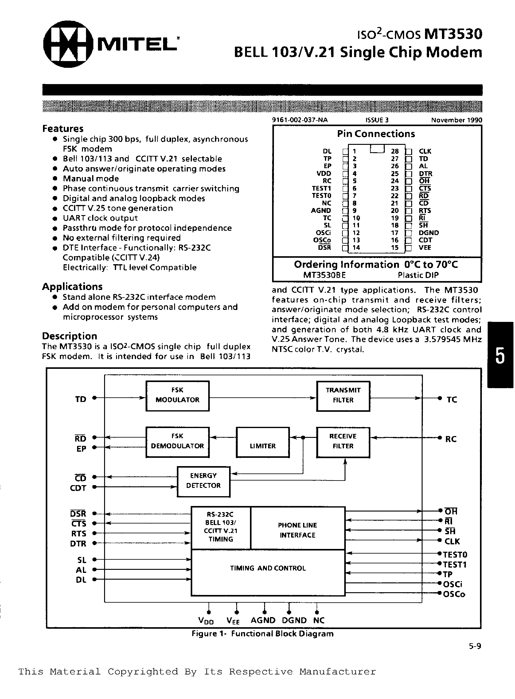 Даташит на микросхему MT3530BE страница 2 Даташит MT3530BE - BELL 103/V.21 SINGLE CHIP MODEM страница 2