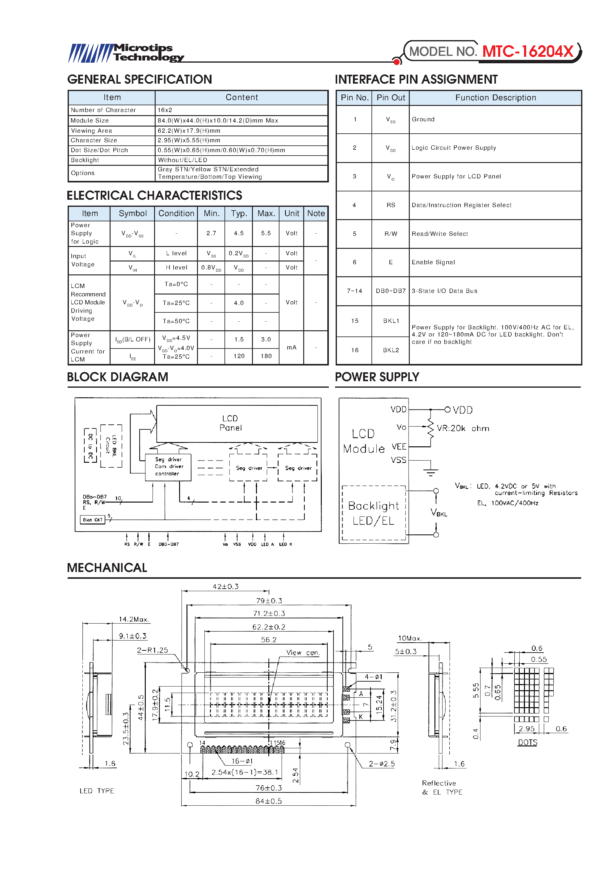 Даташит на микросхему MTC-16204X страница 1 Даташит MTC-16204X - MODULE страница 1