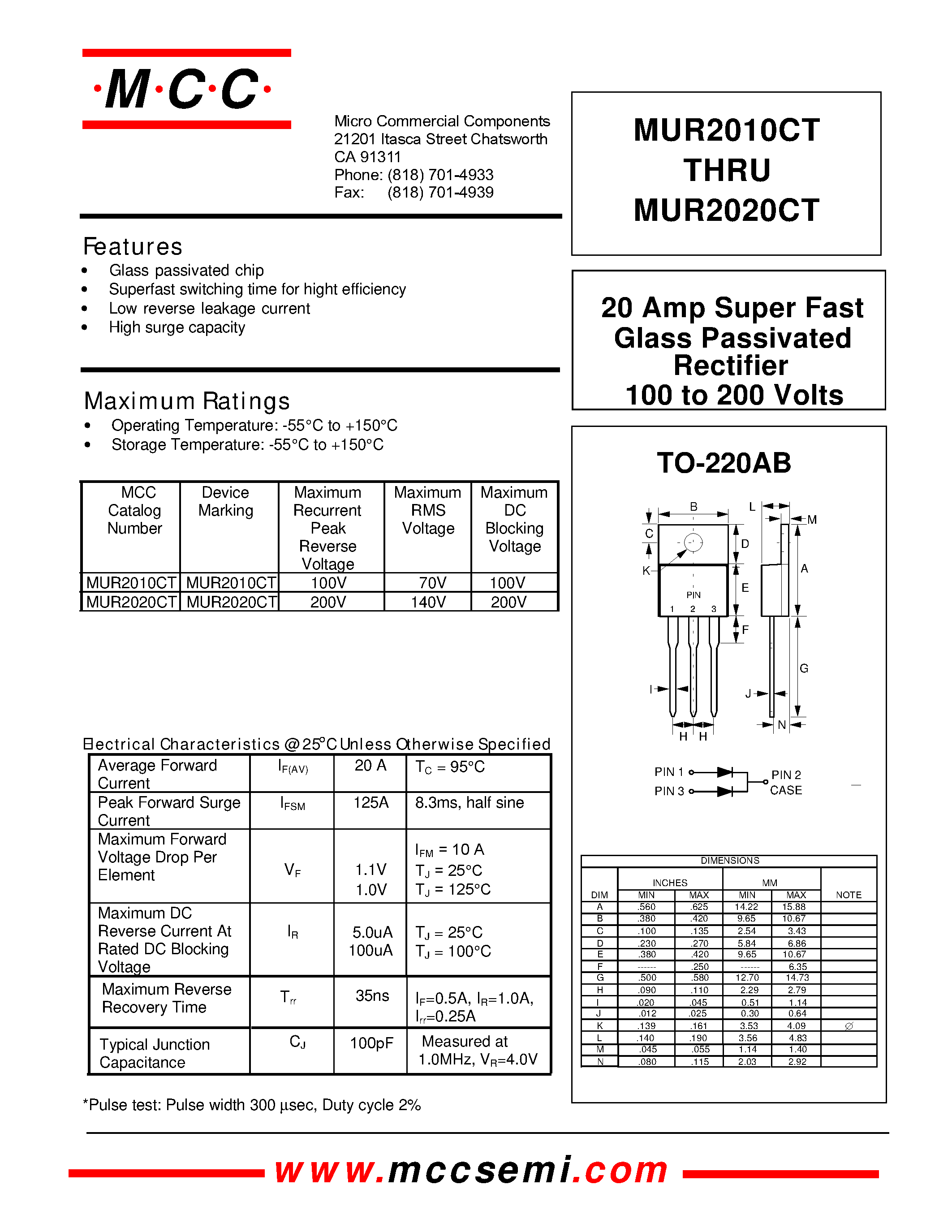 Даташит MUR2020CT - 20 Amp Super Fast Glass Passivated Rectifier 100 to 200 Volts страница 1