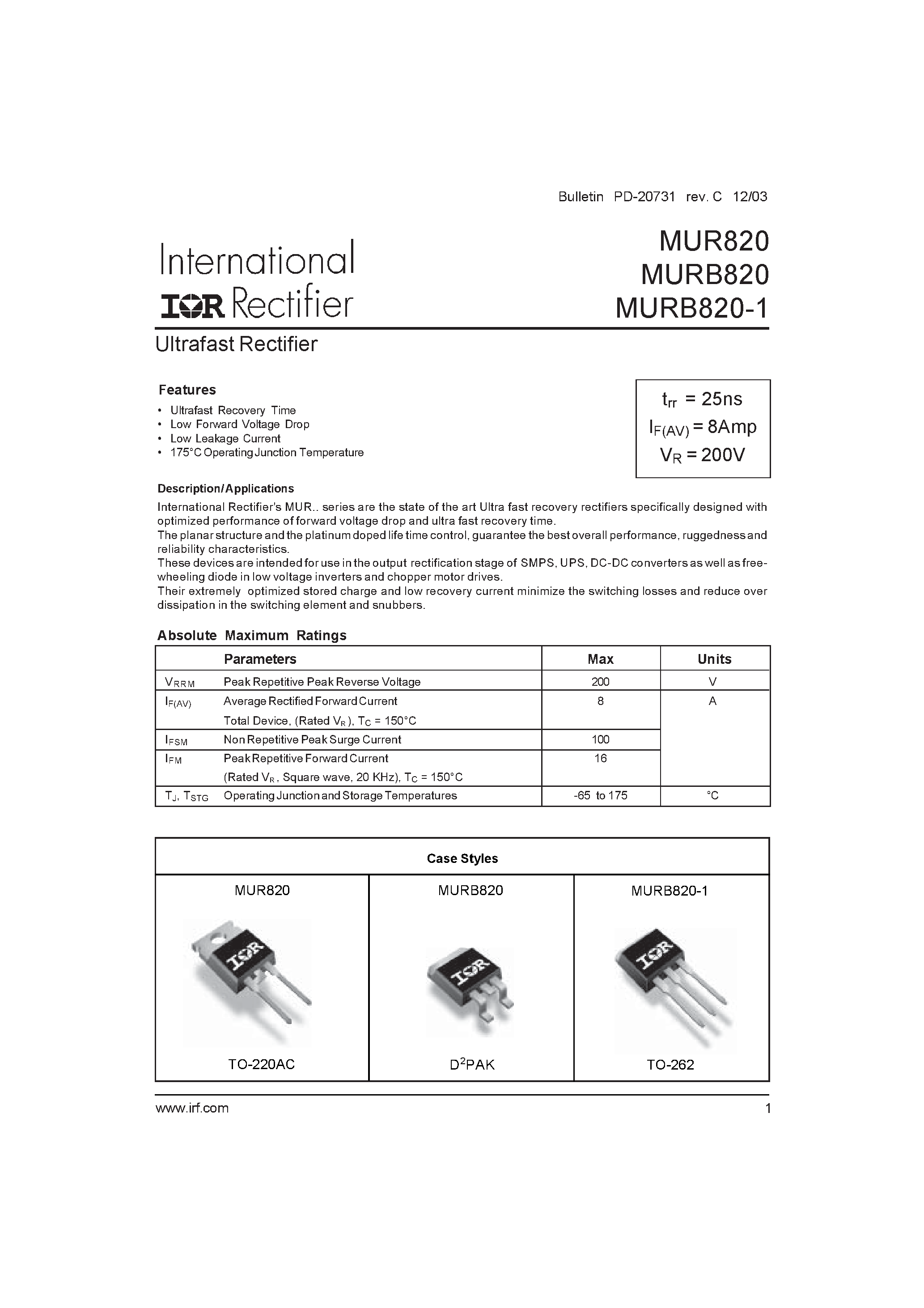Datasheet MURB820-1 - Ultrafast Rectifier page 1