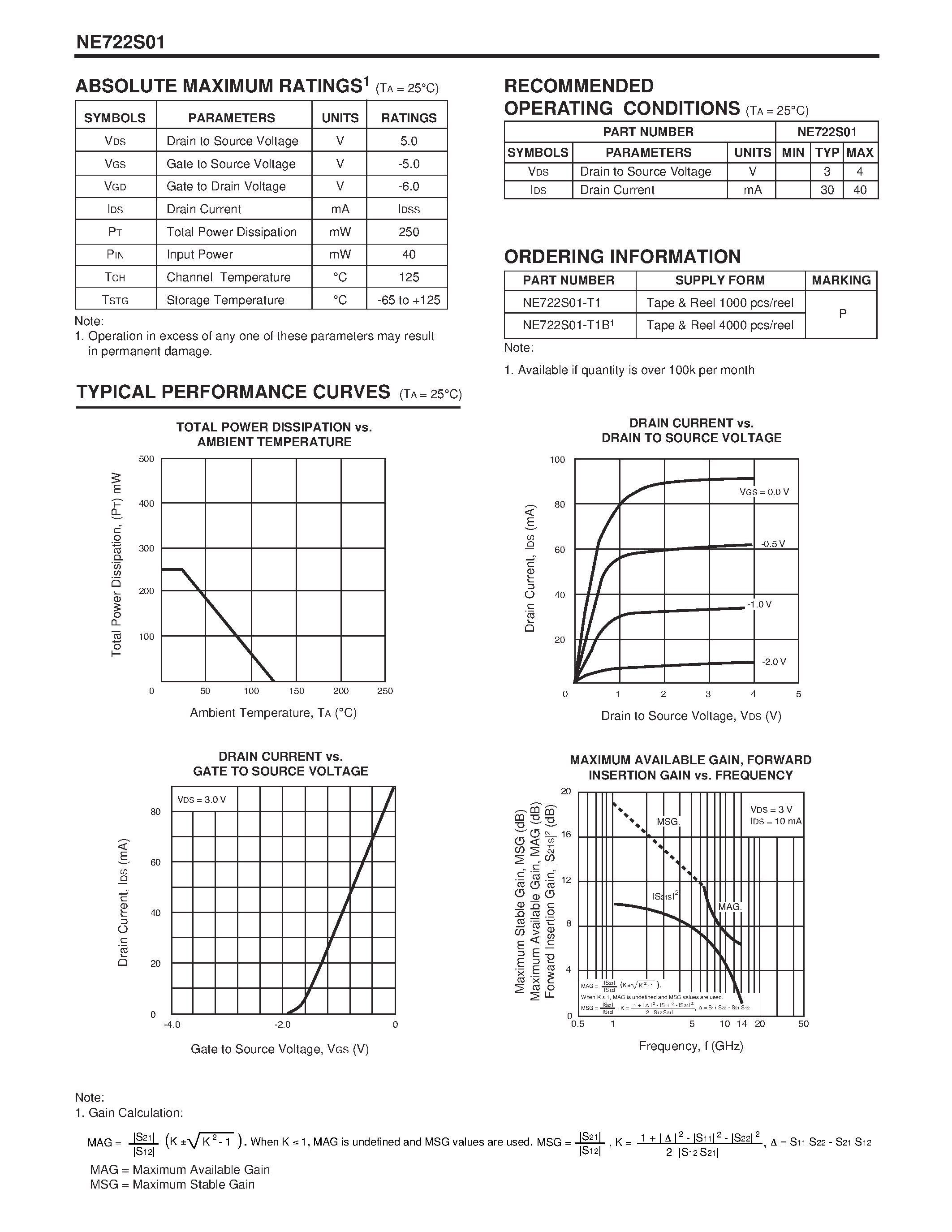 Datasheet NE722S01-T1B1 page 2 Datasheet NE722S01-T1B1 - NECs C TO X BAND N-CHANNEL GaAs MES FET page 2