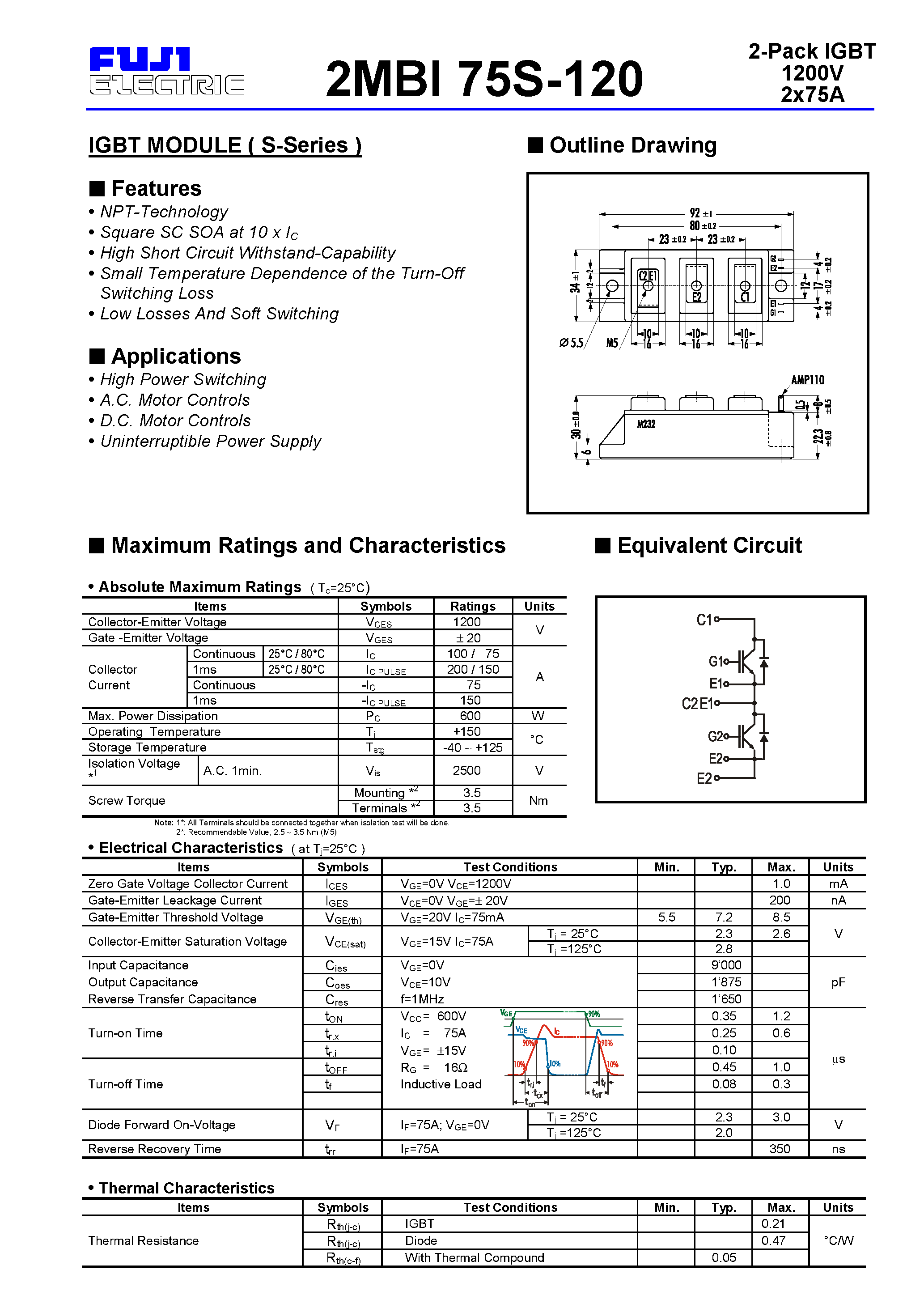 Datasheet 2MBI75S - IGBT MODULE ( S-Series ) 2-Pack IGBT 1200V 2X75A page 1