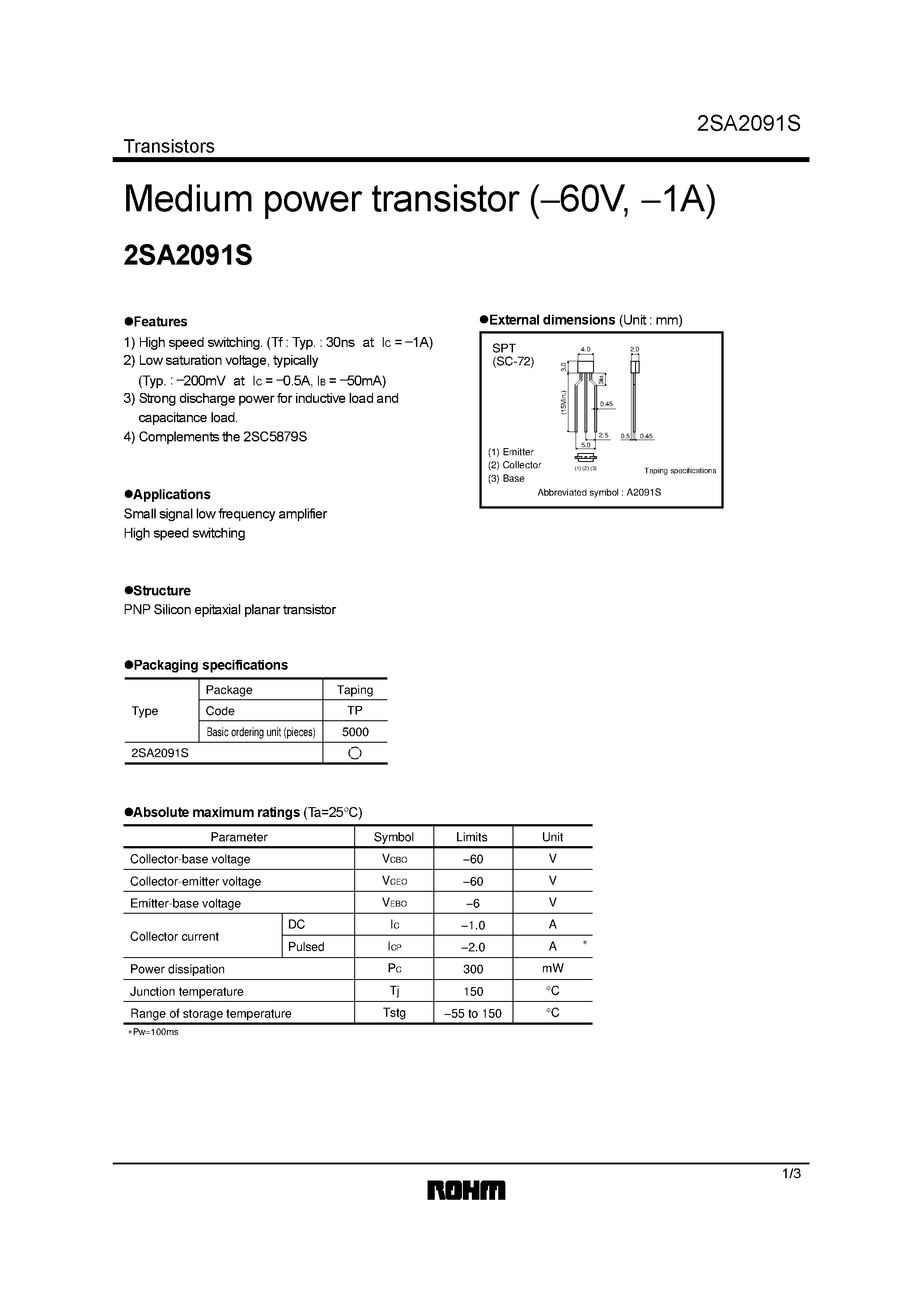 Datasheet 2SA2091S - Medium power transistor (60V/ 1A) page 1