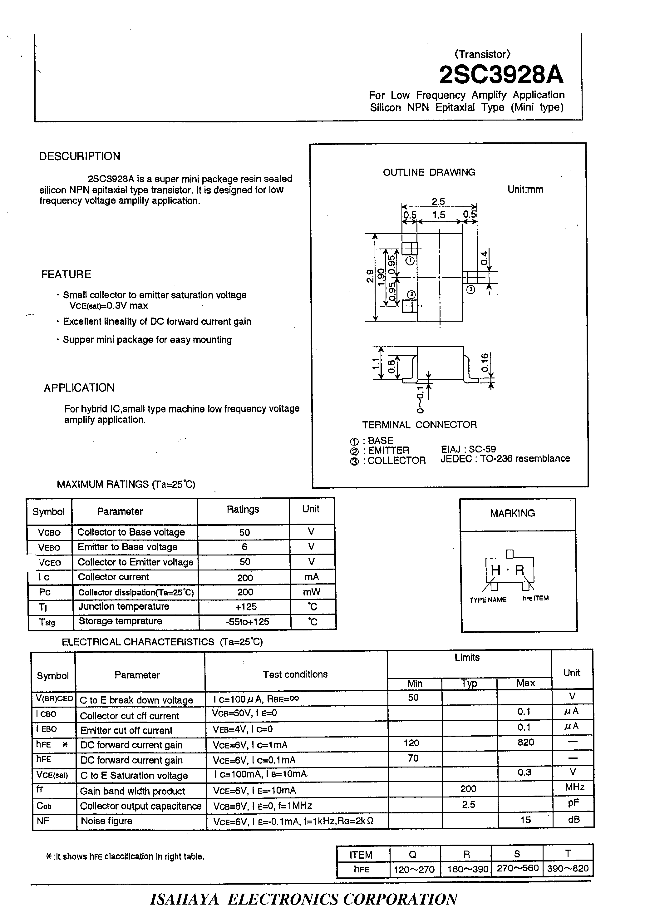 Даташит 2SC3928 - For Low Frequency Amplify Application Sillcon Npn Epitaxial Type (Mini type) страница 1