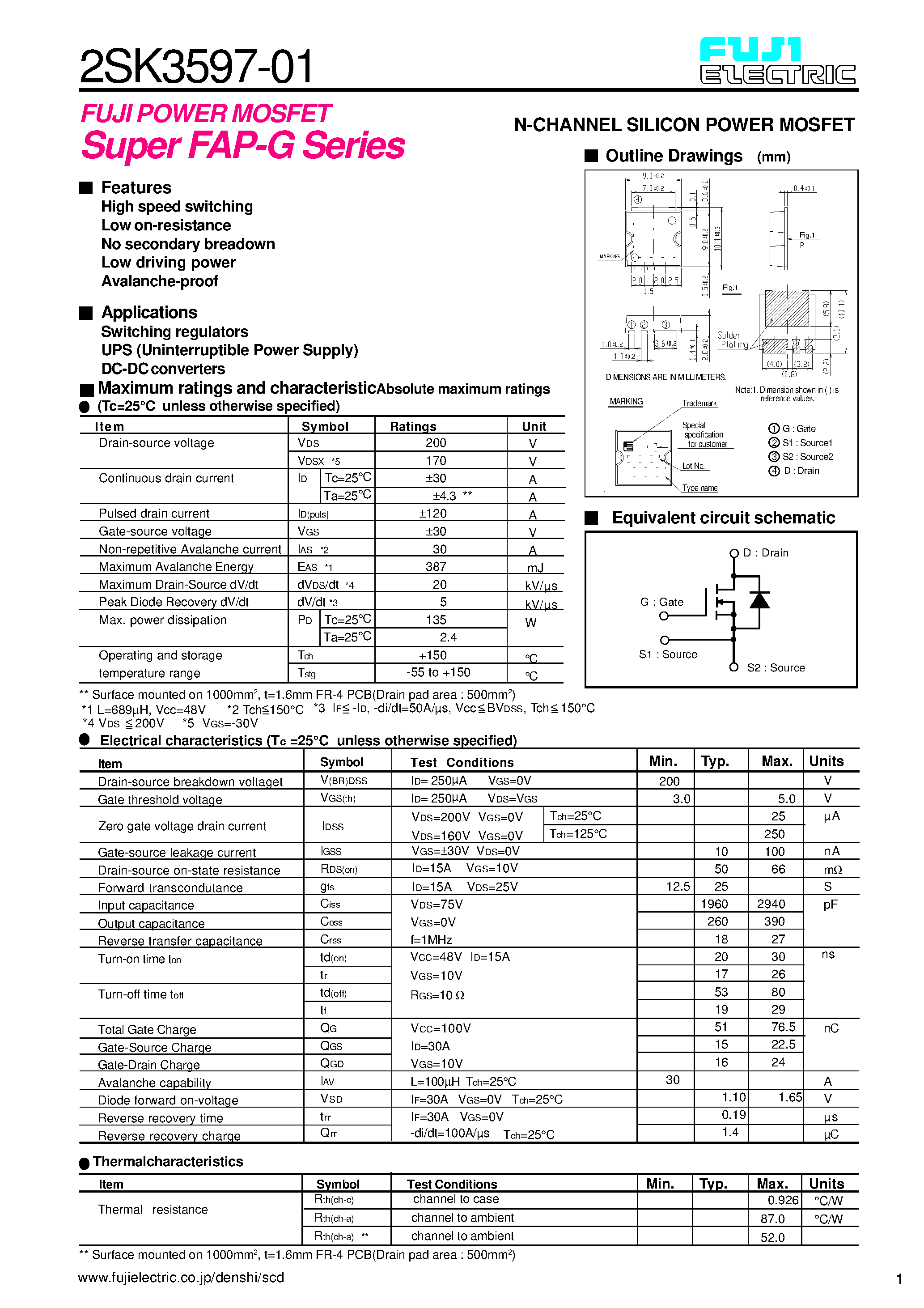 Datasheet 2SK3597 - N-CHANNEL SILICON POWER MOSFET page 1