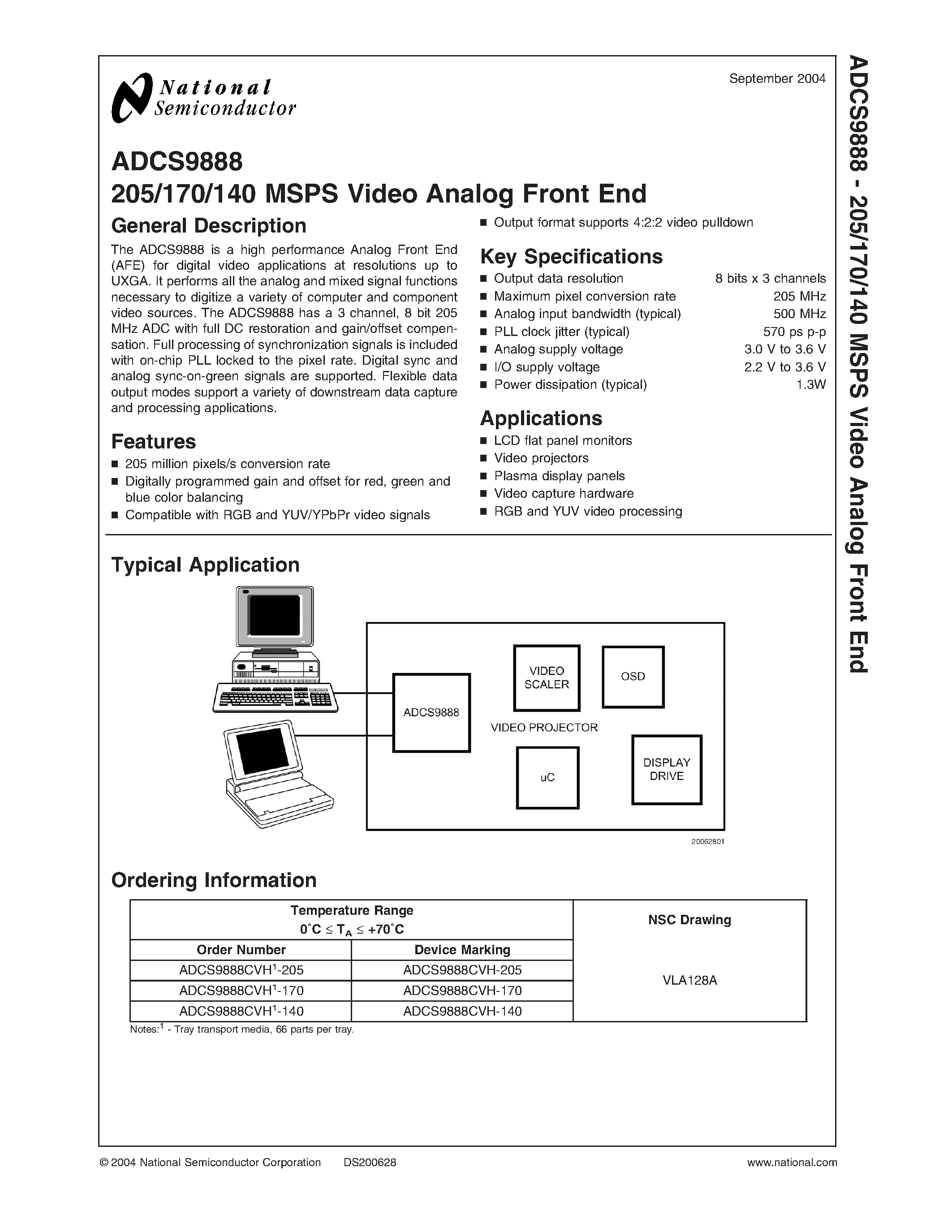 Datasheet ADCS9888 - 205/170/140 MSPS Video Analog Front End page 1
