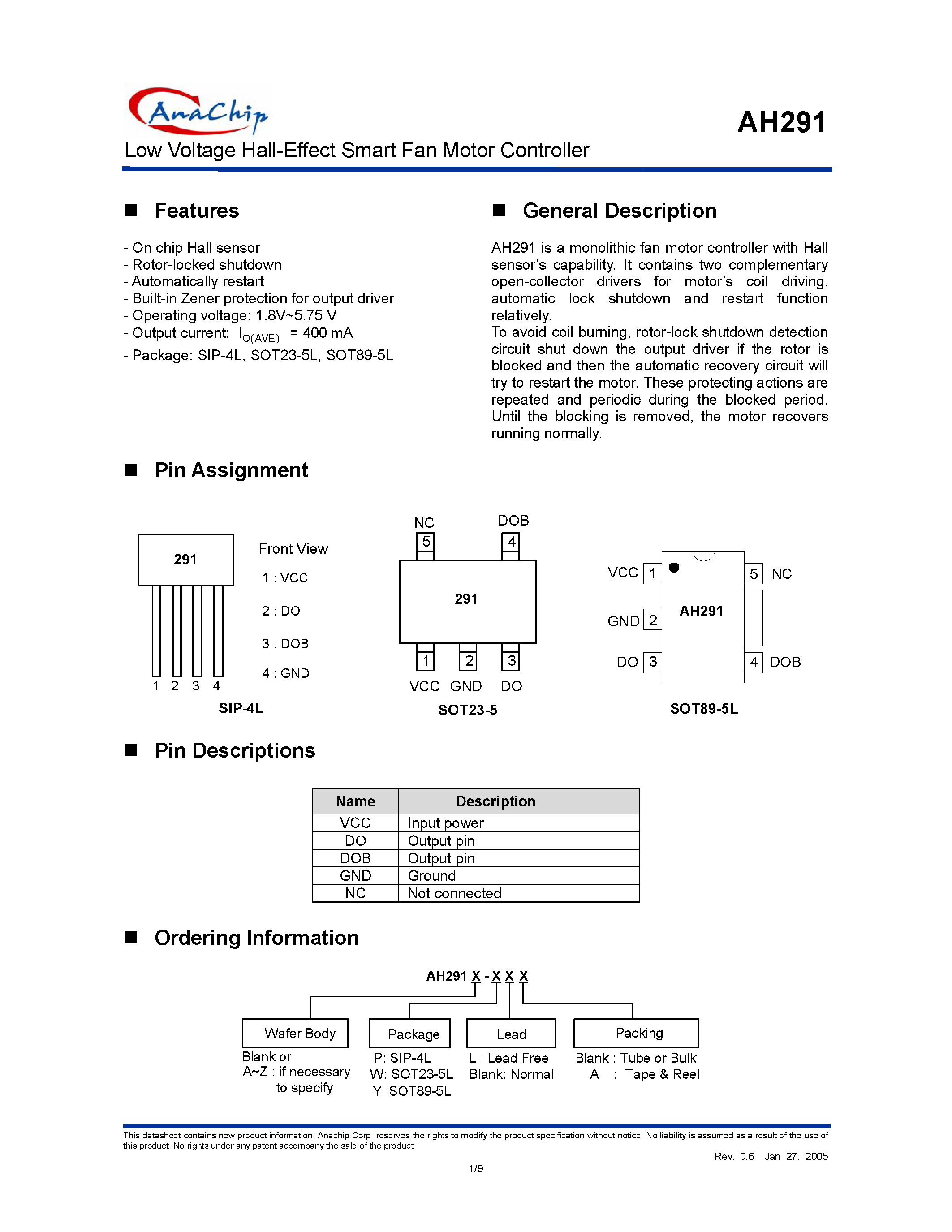 Datasheet AH291 - Low Voltage Hall-Effect Smart Fan Motor Controller page 1