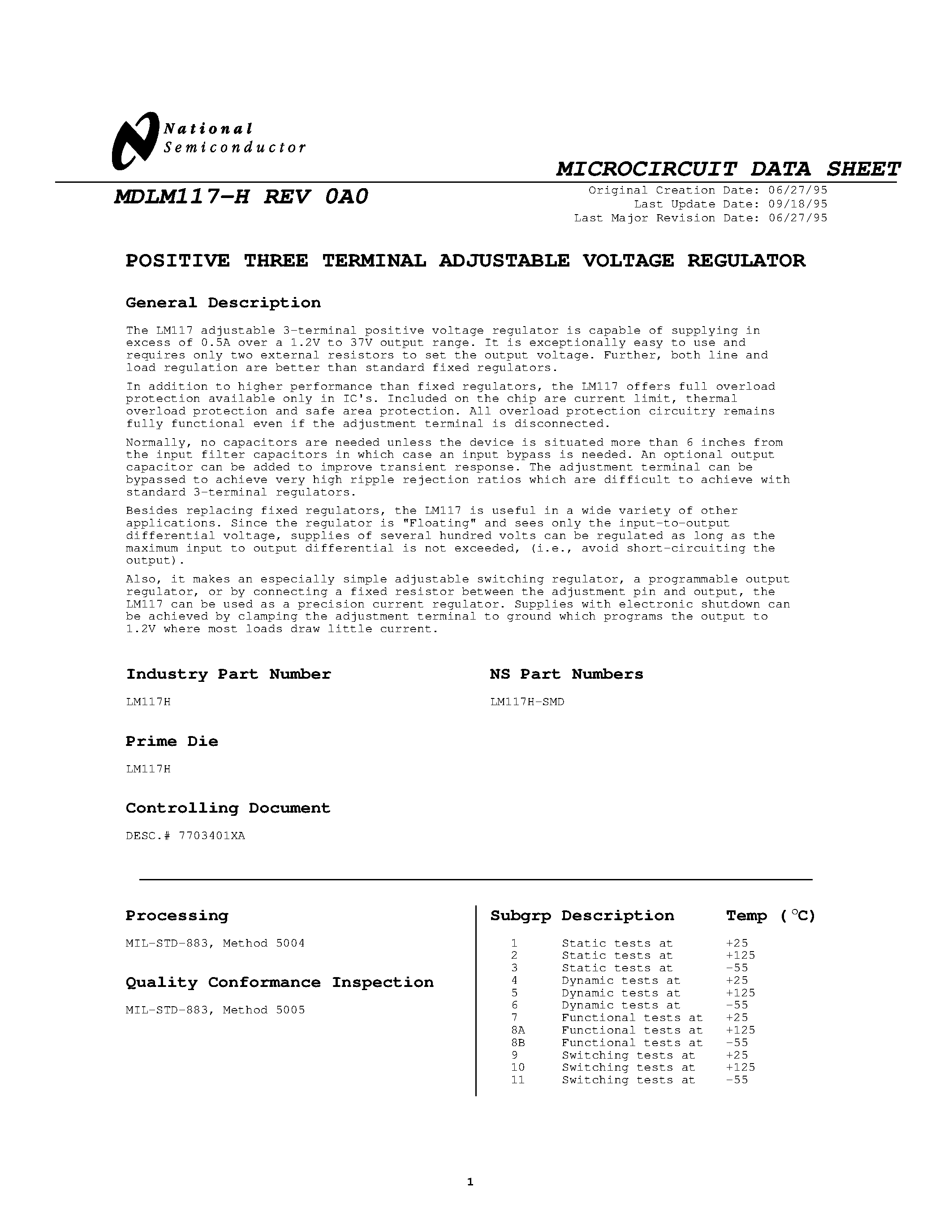 Datasheet LM117H-SMD - POSITIVE THREE TERMINAL ADJUSTABLE VOLTAGE REGULATOR page 1