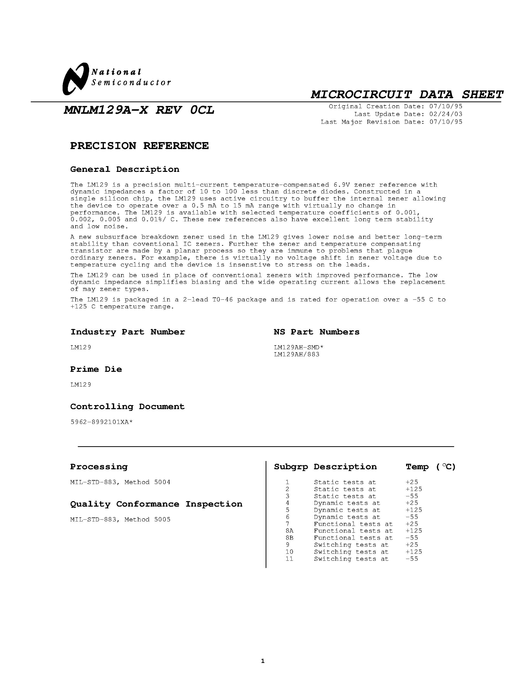 Datasheet LM129AH-SMD - PRECISION REFERENCE page 1