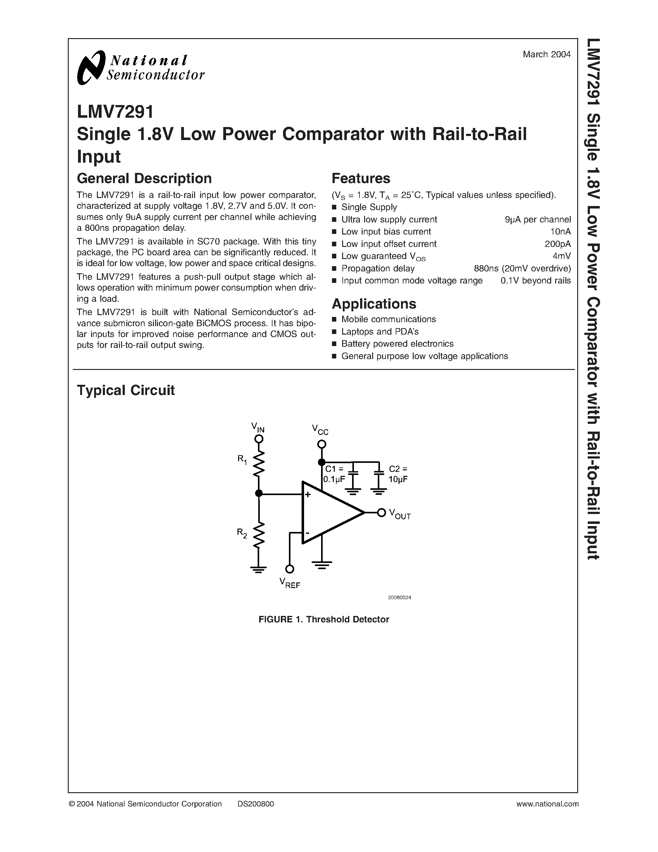 Даташит LMV7291MGX - Single 1.8V Low Power Comparator with Rail-to-Rail Input страница 1