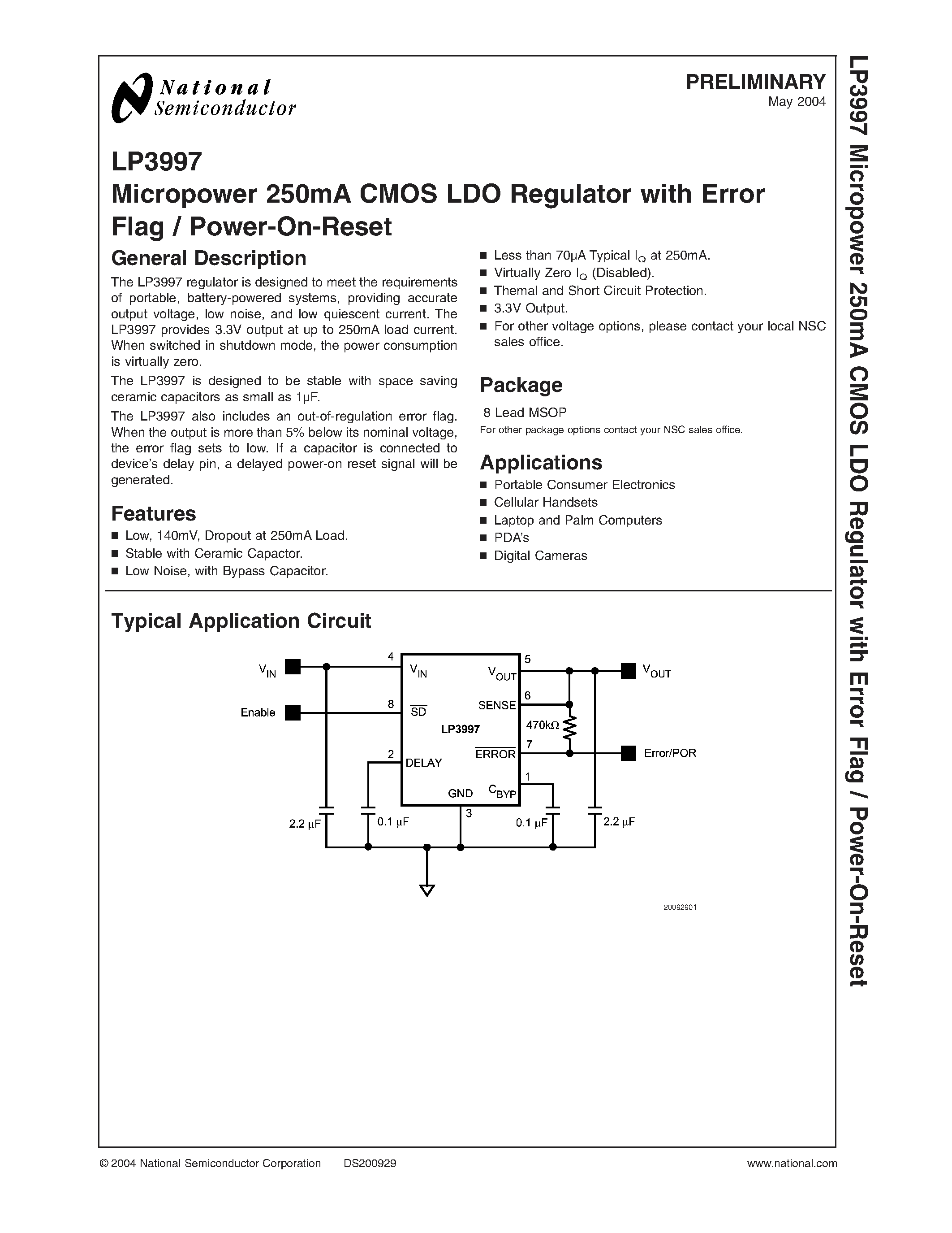 Даташит на микросхему LP3997MM-3.3 страница 1 Даташит LP3997MM-3.3 - Micropower 250mA CMOS LDO Regulator with Error Flag / Power-On-Reset страница 1