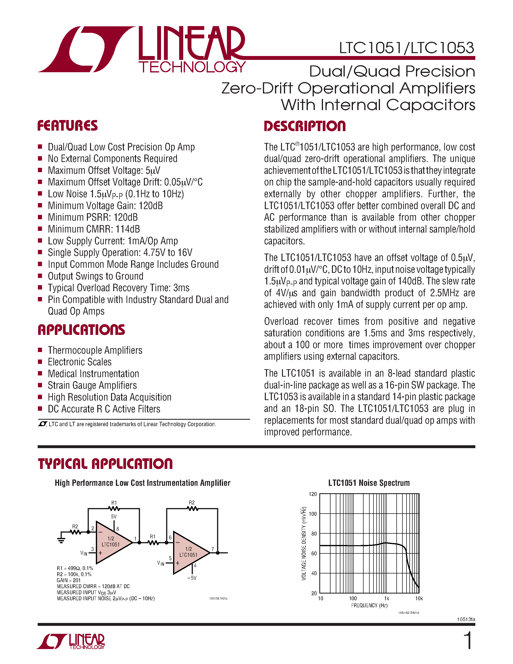 Datasheet LT1051 - Dual/Quad Precision Zero-Drift Operational Amplifiers With Internal Capacitors page 1