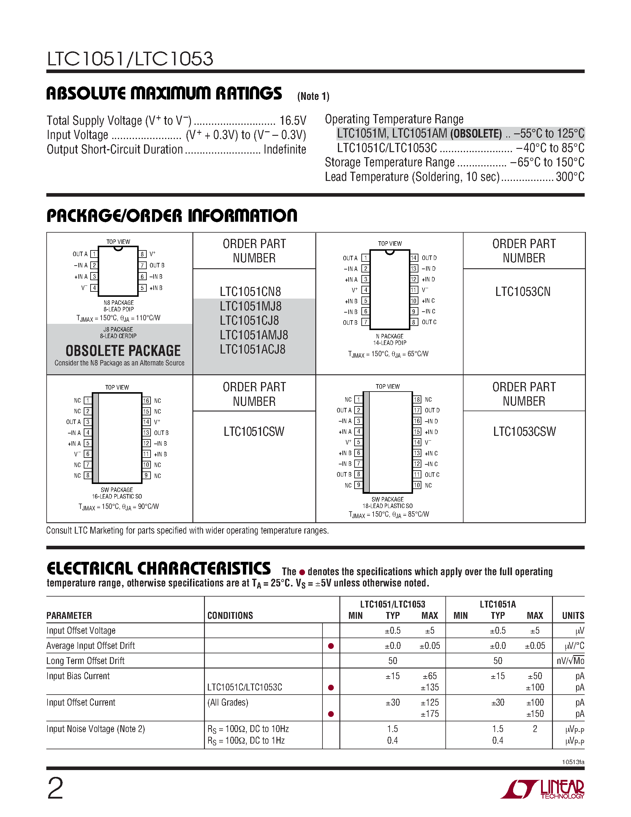 Datasheet LT1051 - Dual/Quad Precision Zero-Drift Operational Amplifiers With Internal Capacitors page 2