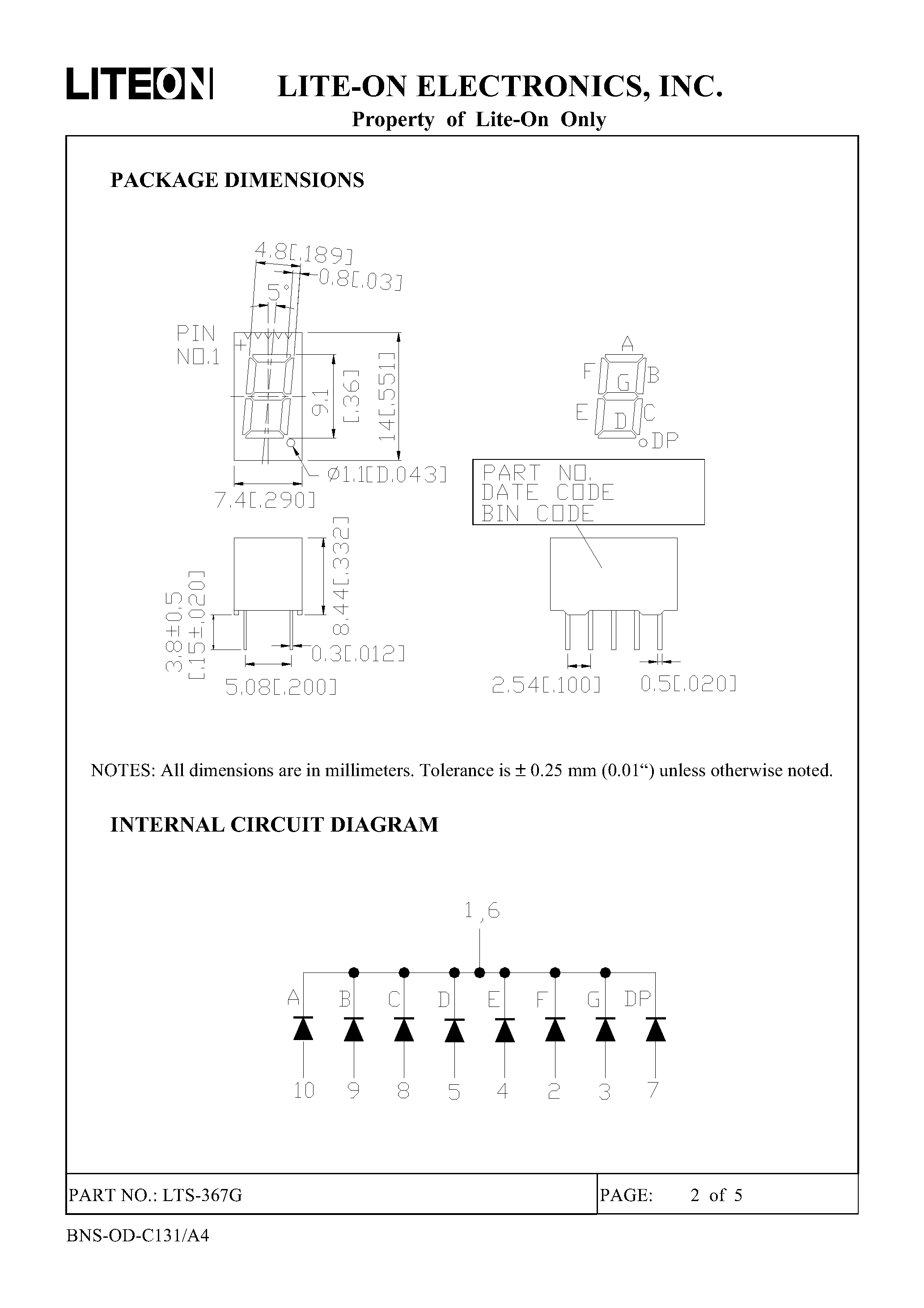 Datasheet LTS-367G page 2 Datasheet LTS-367G - 0.36 INCH DIGIT HEIGHT SINGLE DIGIT SEVEN SEGMENT DISPLAY page 2
