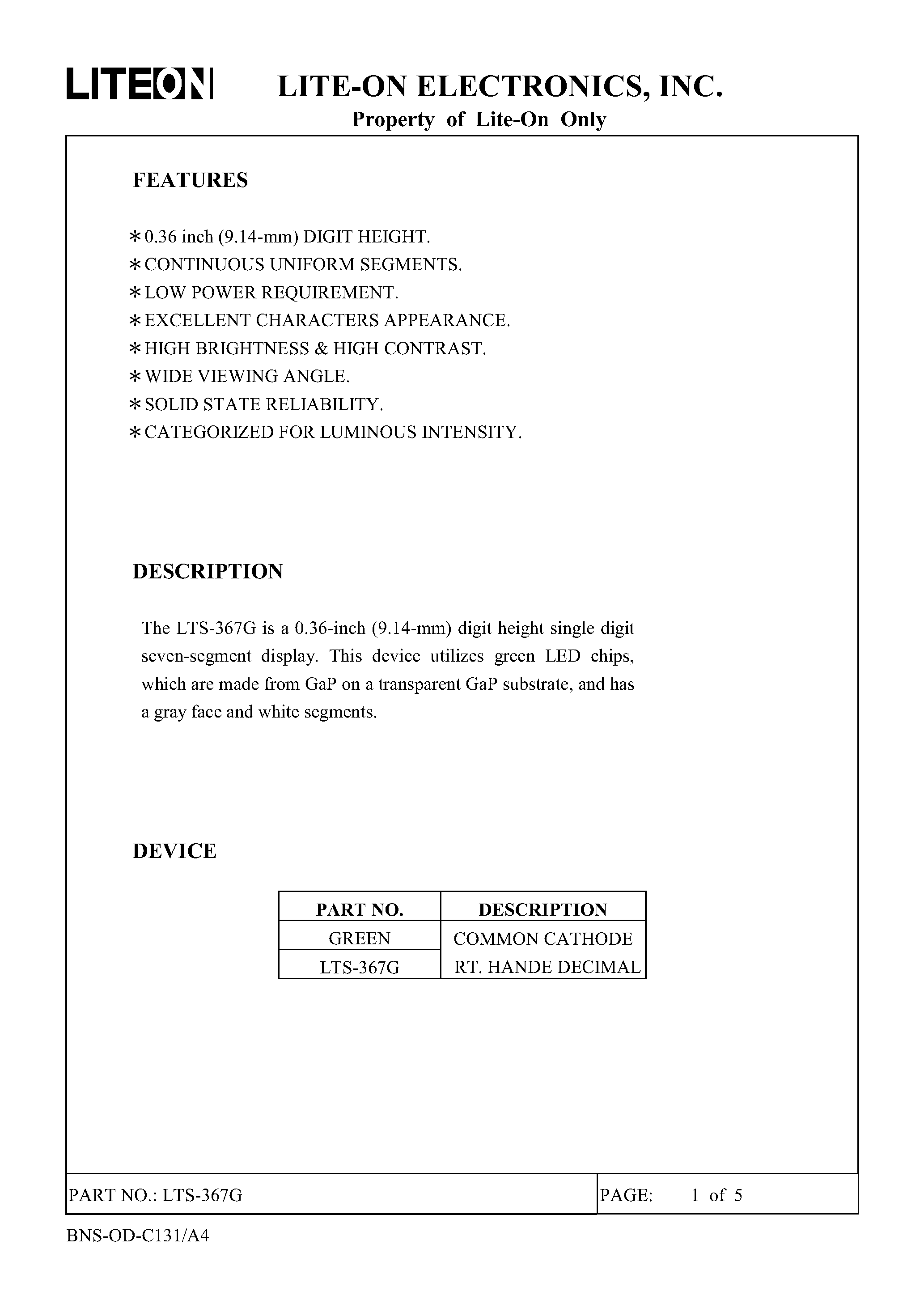 Datasheet LTS367G - 0.36 INCH DIGIT HEIGHT SINGLE DIGIT SEVEN SEGMENT DISPLAY page 1