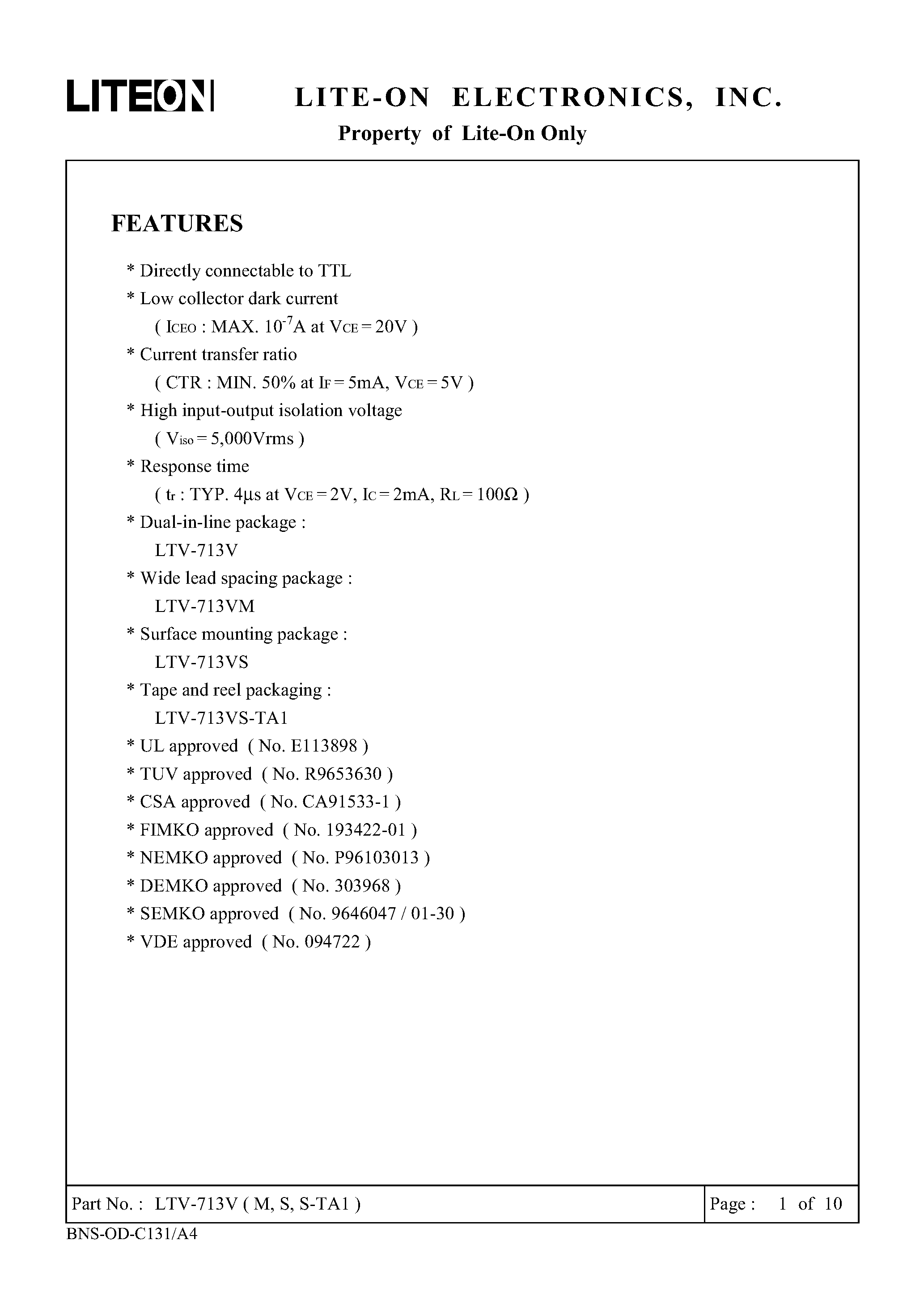 Datasheet LTV713V - DIRECTLY CONNECTABLE TO TTL page 1