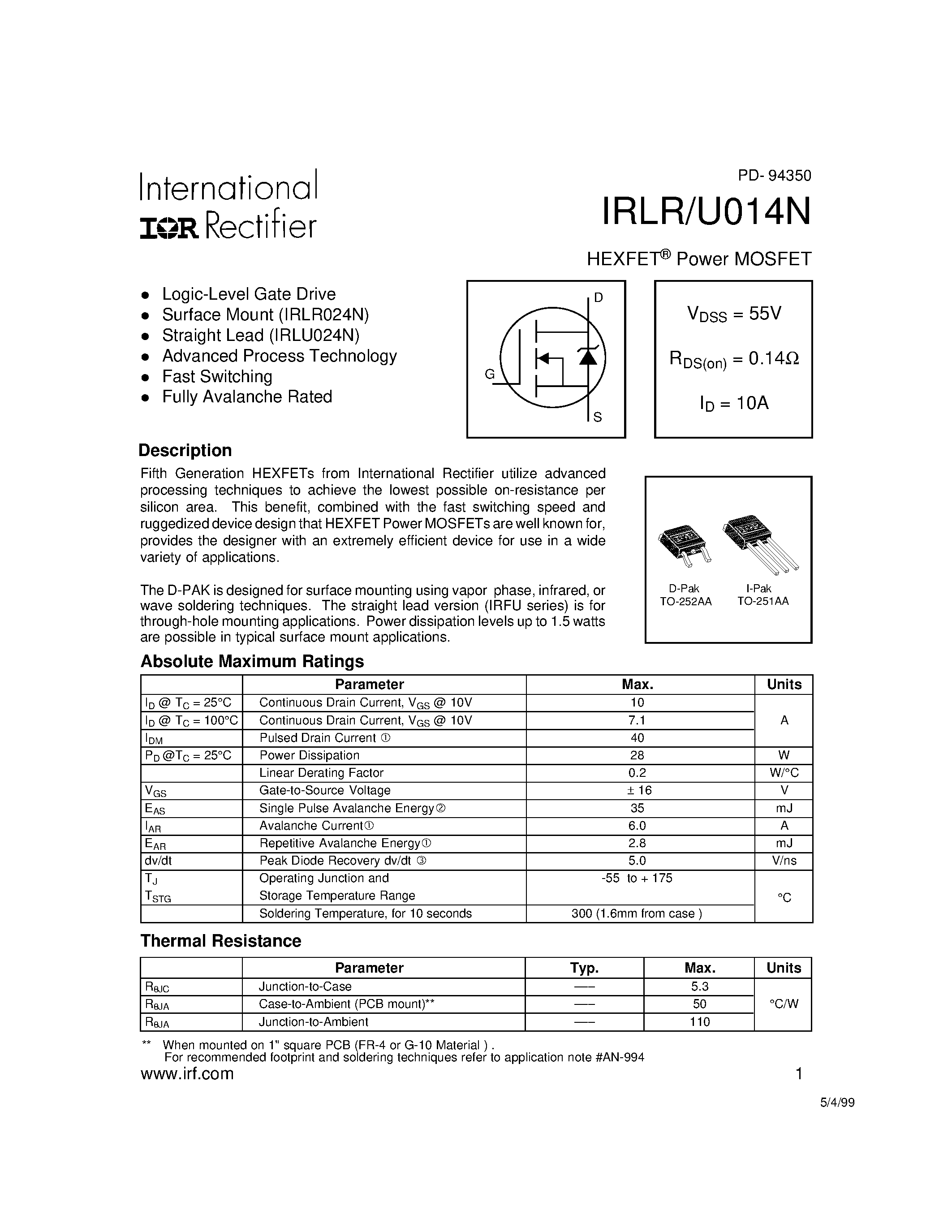 Datasheet IRLU014N - HEXFET Power MOSFET page 1