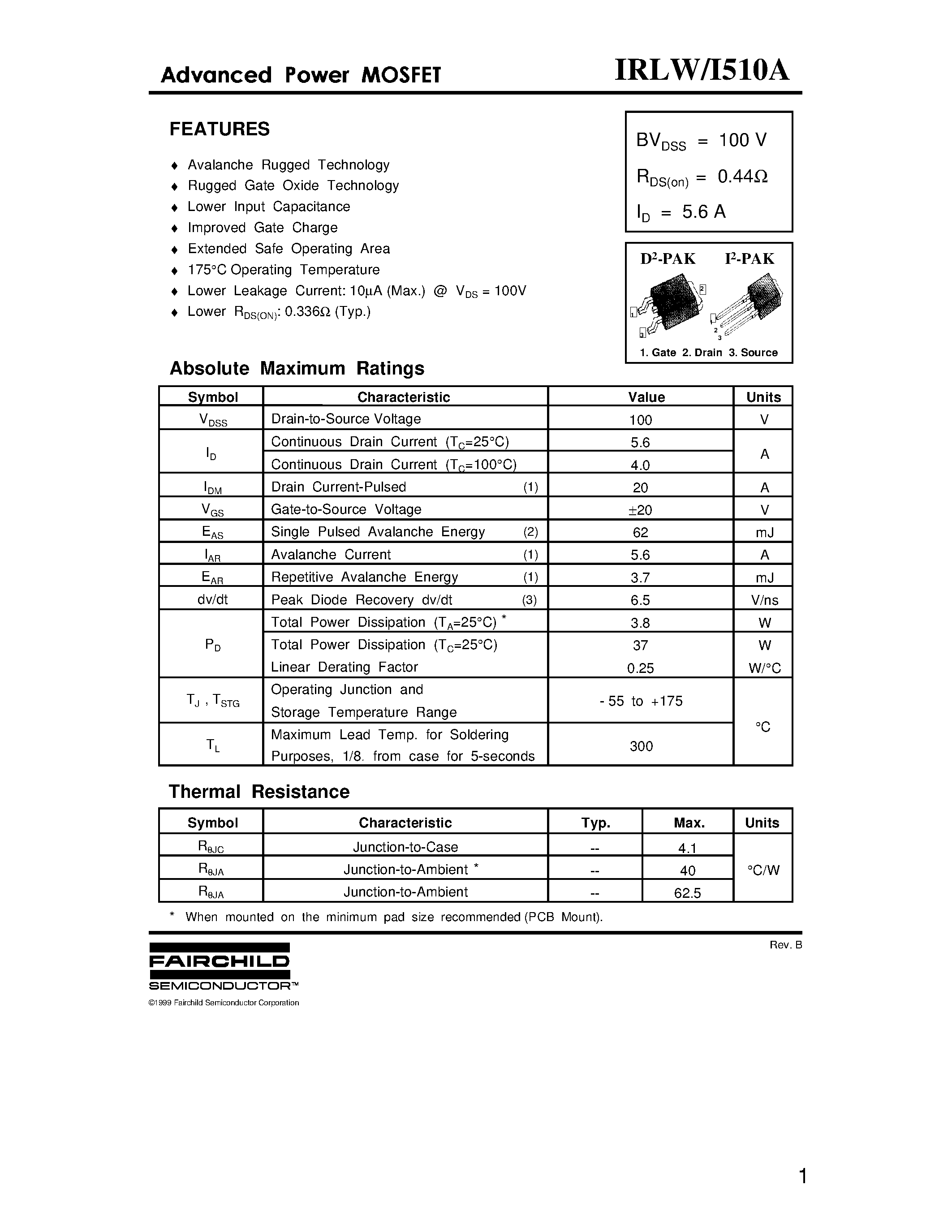 Datasheet IRLW510A page 1 Datasheet IRLW510A - ADVANCED POWER MOSFET page 1