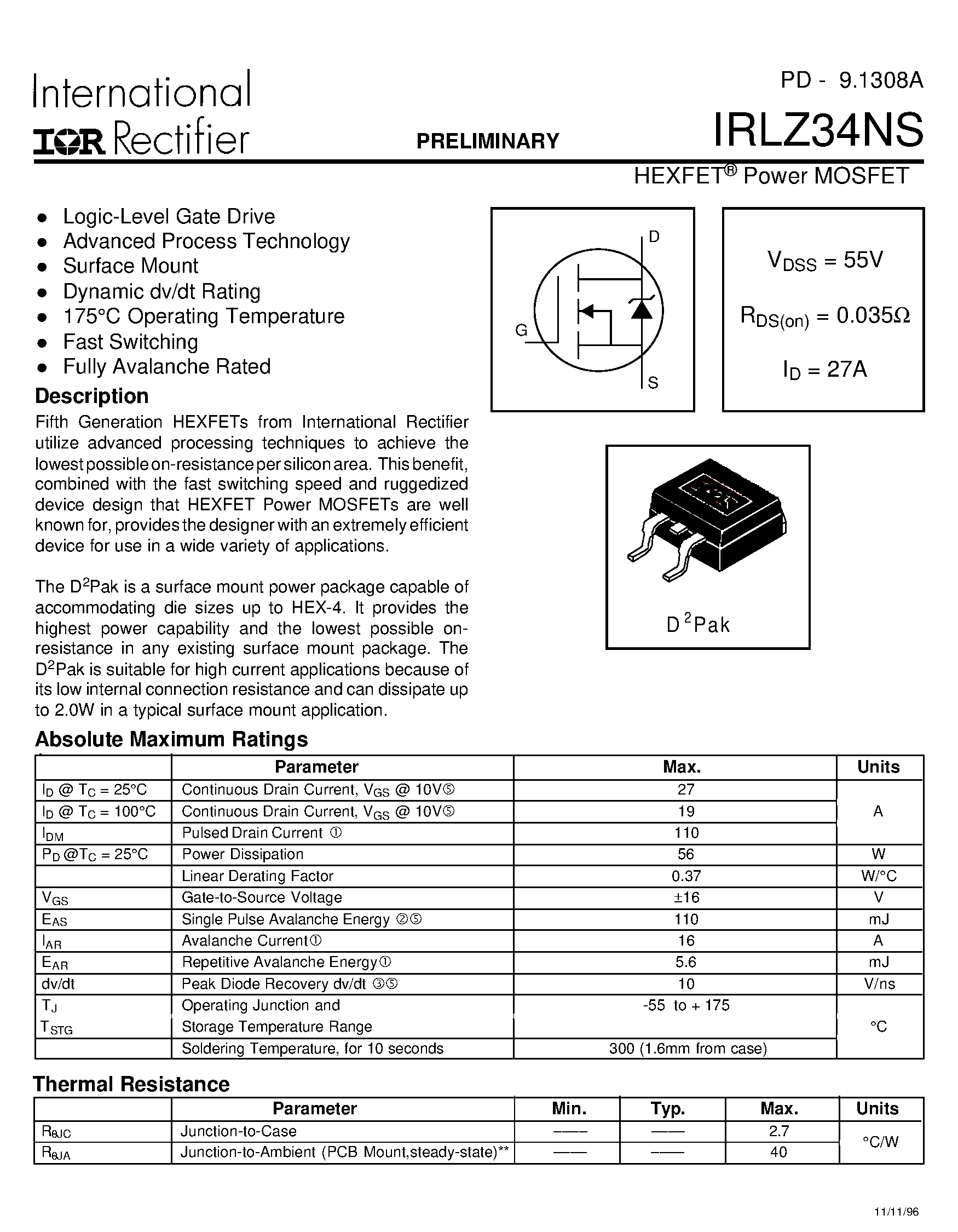 Datasheet IRLZ34NS page 1 Datasheet IRLZ34NS - HEXFET Power MOSFET page 1