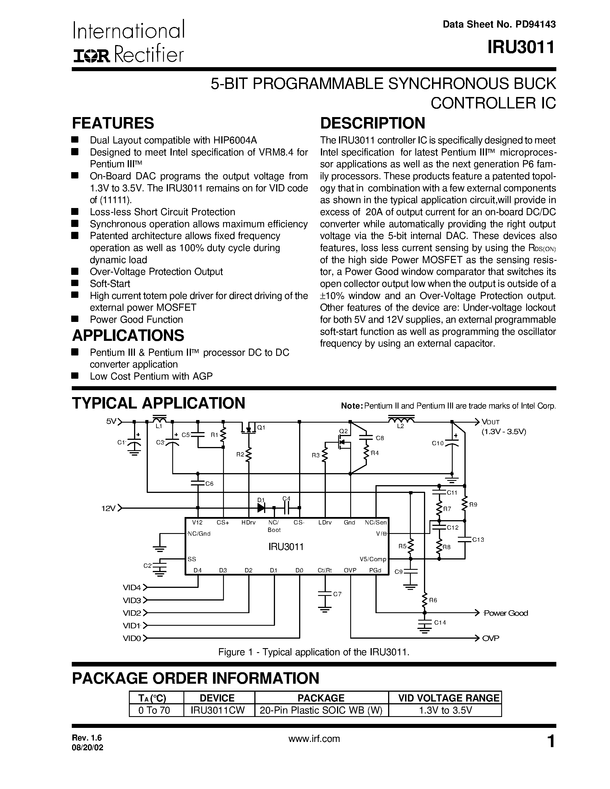 Datasheet IRU3011CW page 1 Datasheet IRU3011CW - 5-BIT PROGRAMMABLE SYNCHRONOUS BUCK CONTROLLER IC page 1