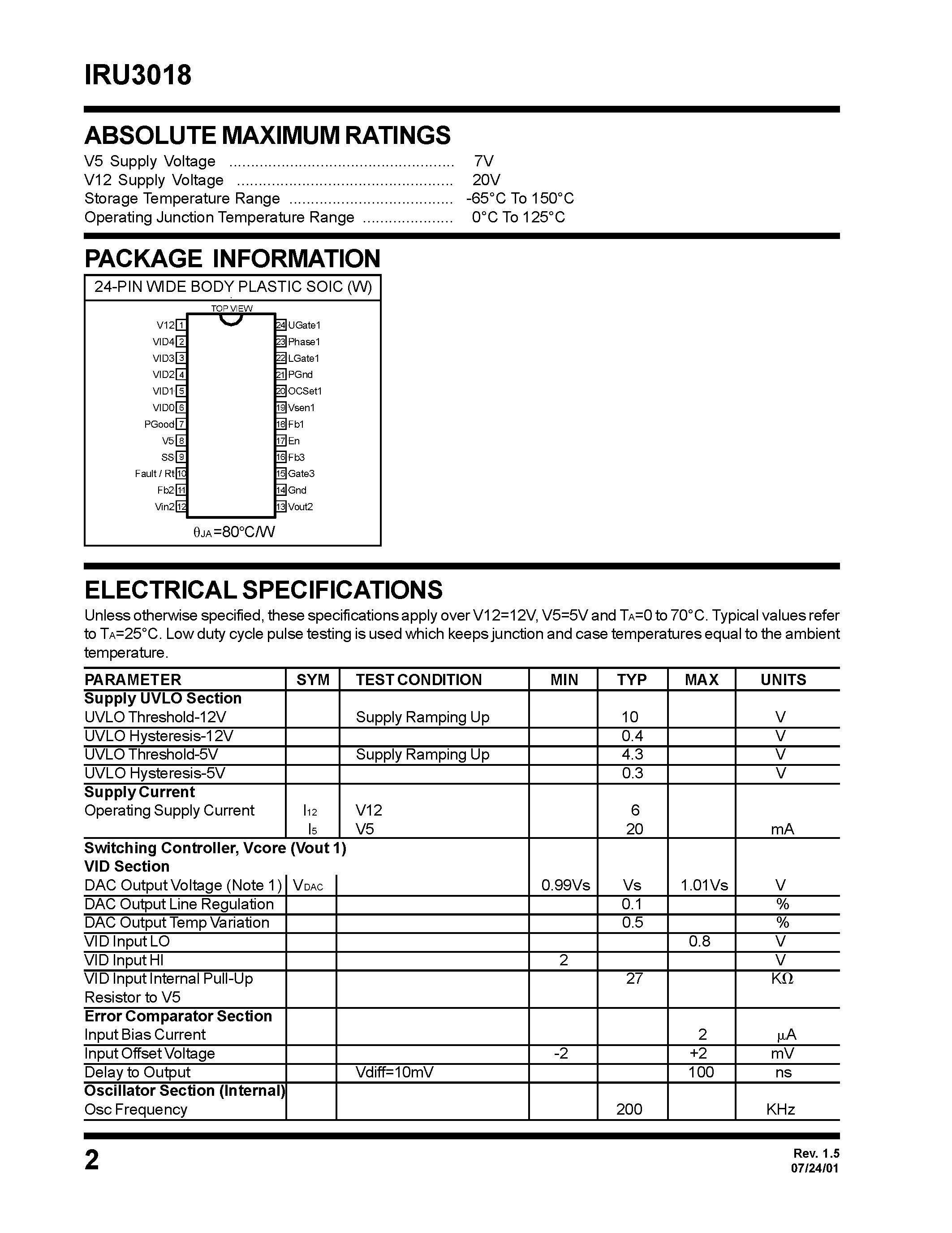 Datasheet IRU3018CW page 2 Datasheet IRU3018CW - 5-BIT PROGRAMMABLE SYNCHRONOUS BUCK PLUS LDO CONTROLLER AND 200mA LDO ON-BOARD page 2