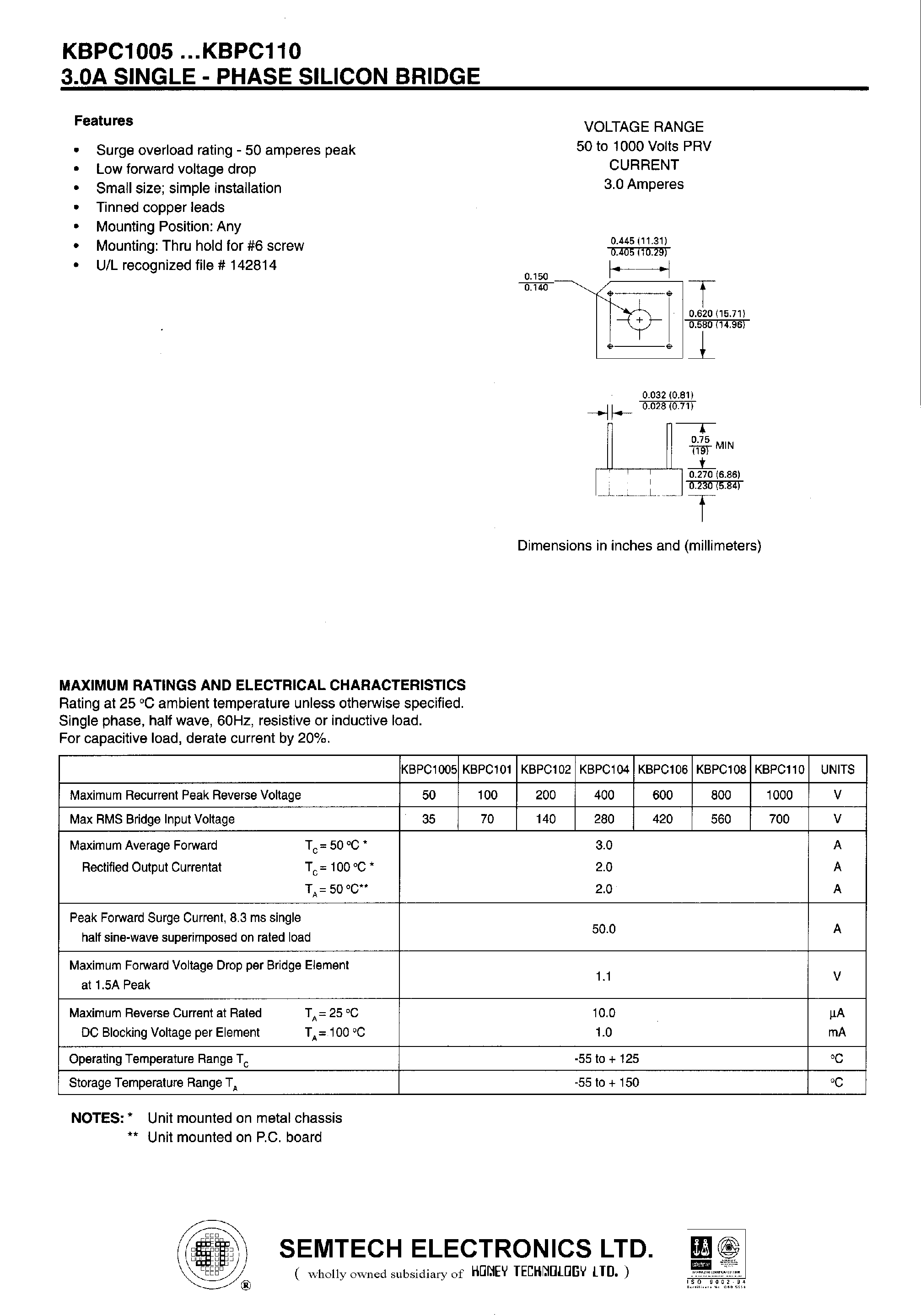 Datasheet KBPC1005 - 3.0A SINGLE - PHASE SILICON BRIDGE page 1