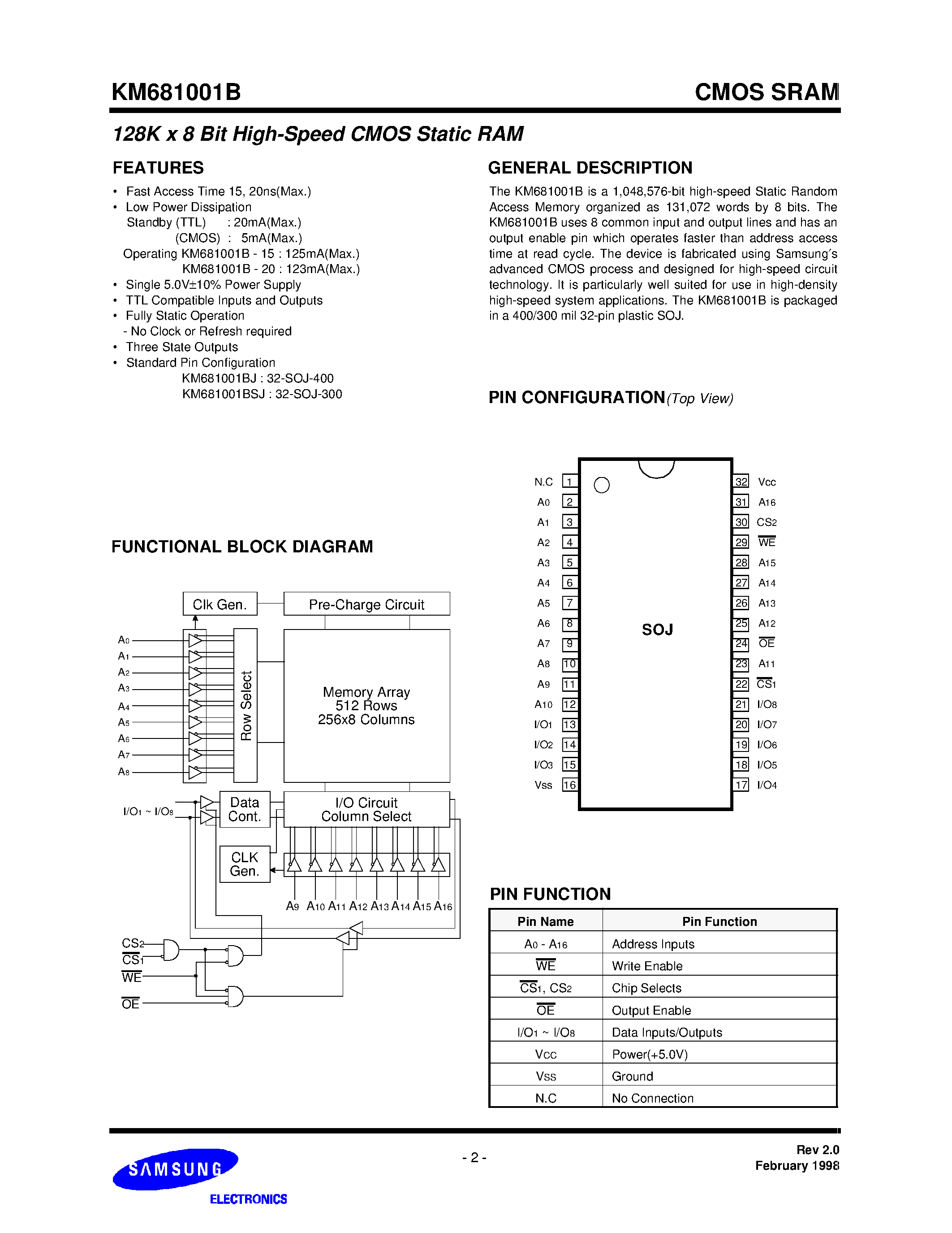 Даташит на микросхему KM681001B-15 страница 2 Даташит KM681001B-15 - 128K x 8 Bit High-Speed CMOS Static RAM страница 2