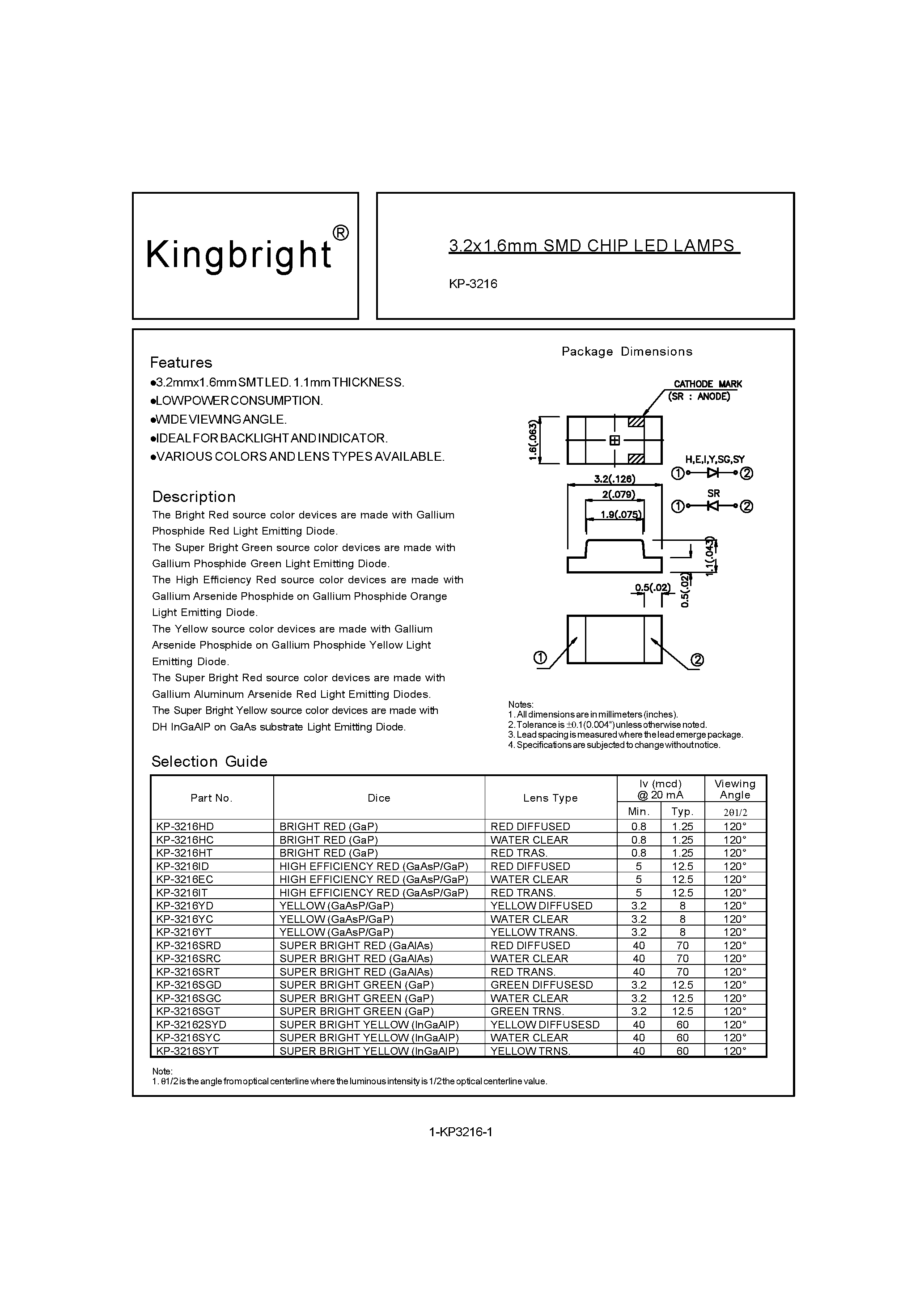 Datasheet KP-3216HT - 3.2x1.6mm SMD CHIP LED LAMPS page 1