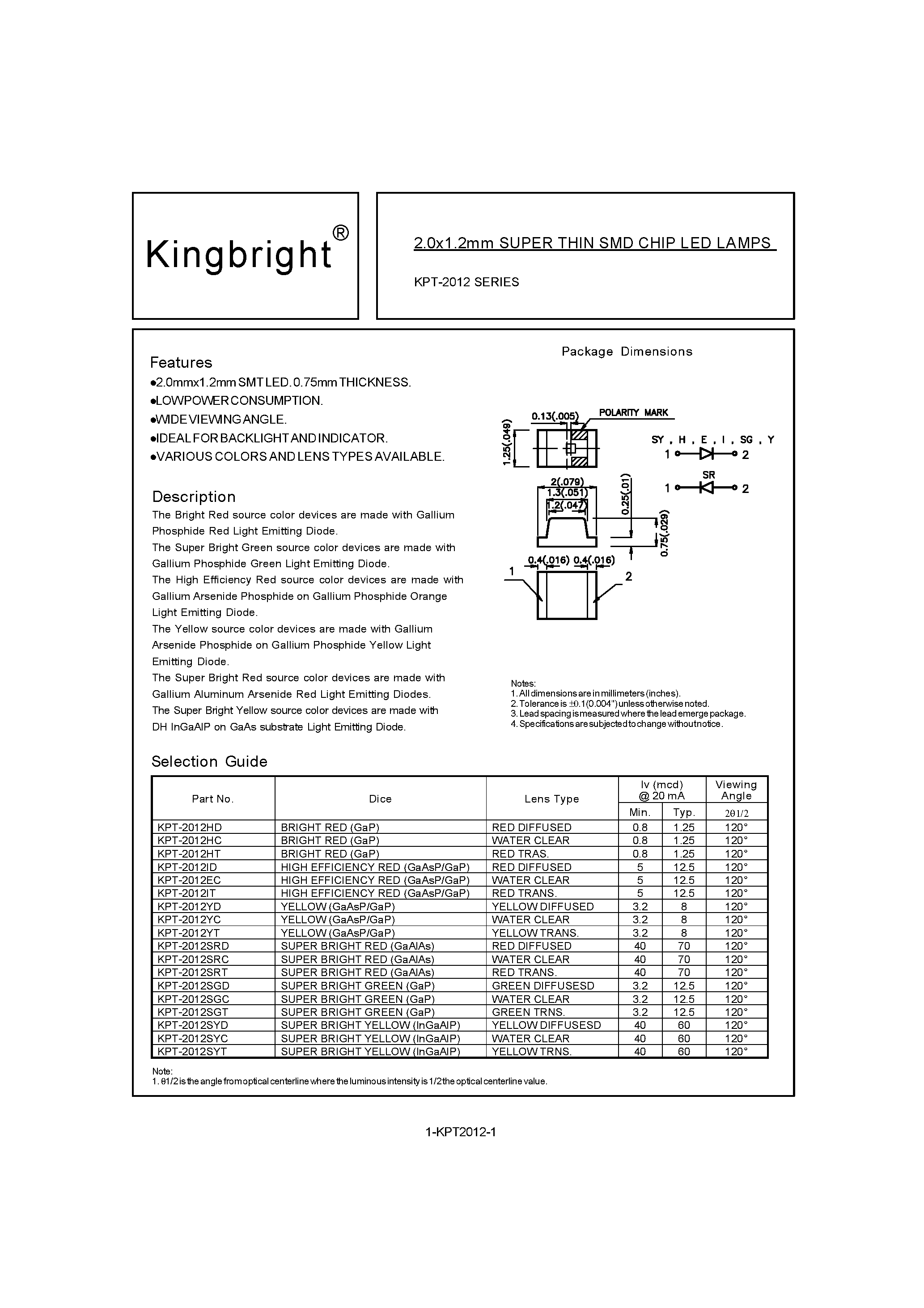 Datasheet KPT-2012HC - 2.0x1.2mm SUPER THIN SMD CHIP LED LAMPS page 1