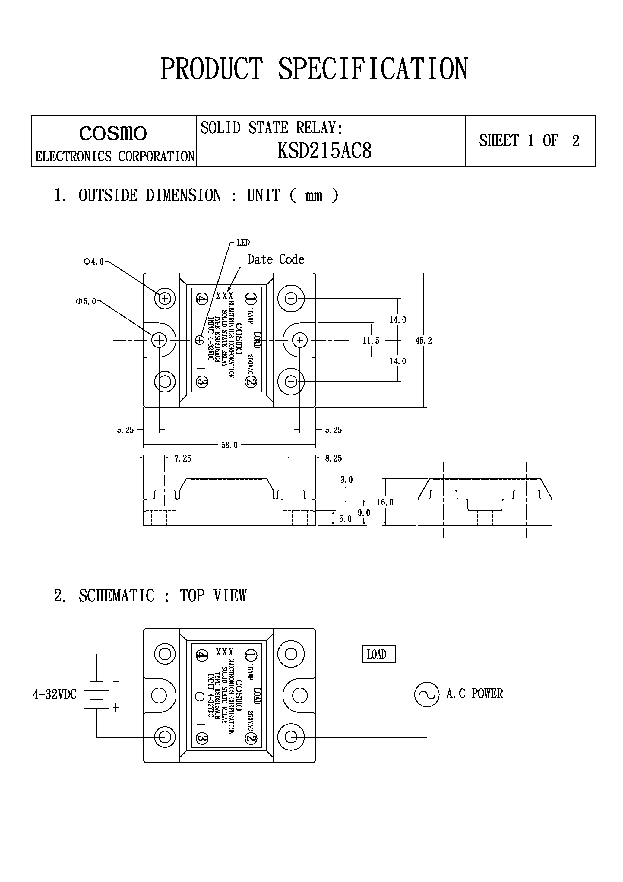 Даташит на микросхему KSD215AC8 страница 1 Даташит KSD215AC8 - SOLID STATE RELAY страница 1