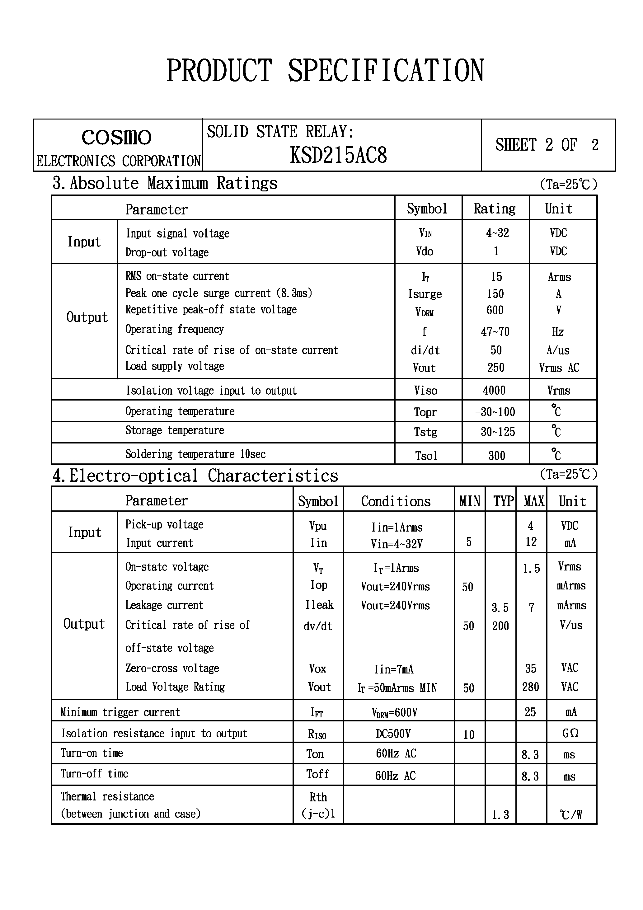 Даташит на микросхему KSD215AC8 страница 2 Даташит KSD215AC8 - SOLID STATE RELAY страница 2