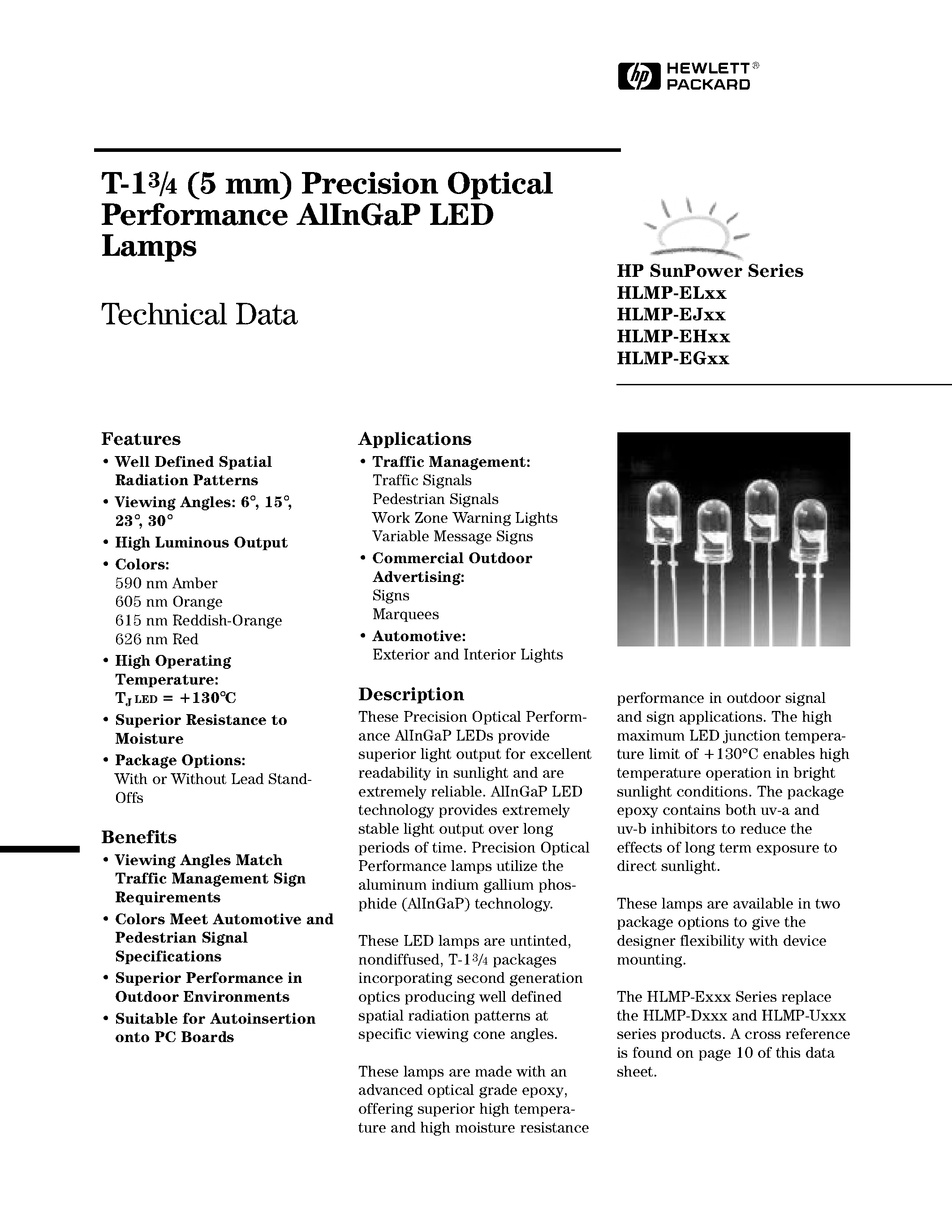 Даташит HLMPDL24 - T-13/4 (5 mm) Precision Optical Performance AlInGaP LED Lamps страница 1
