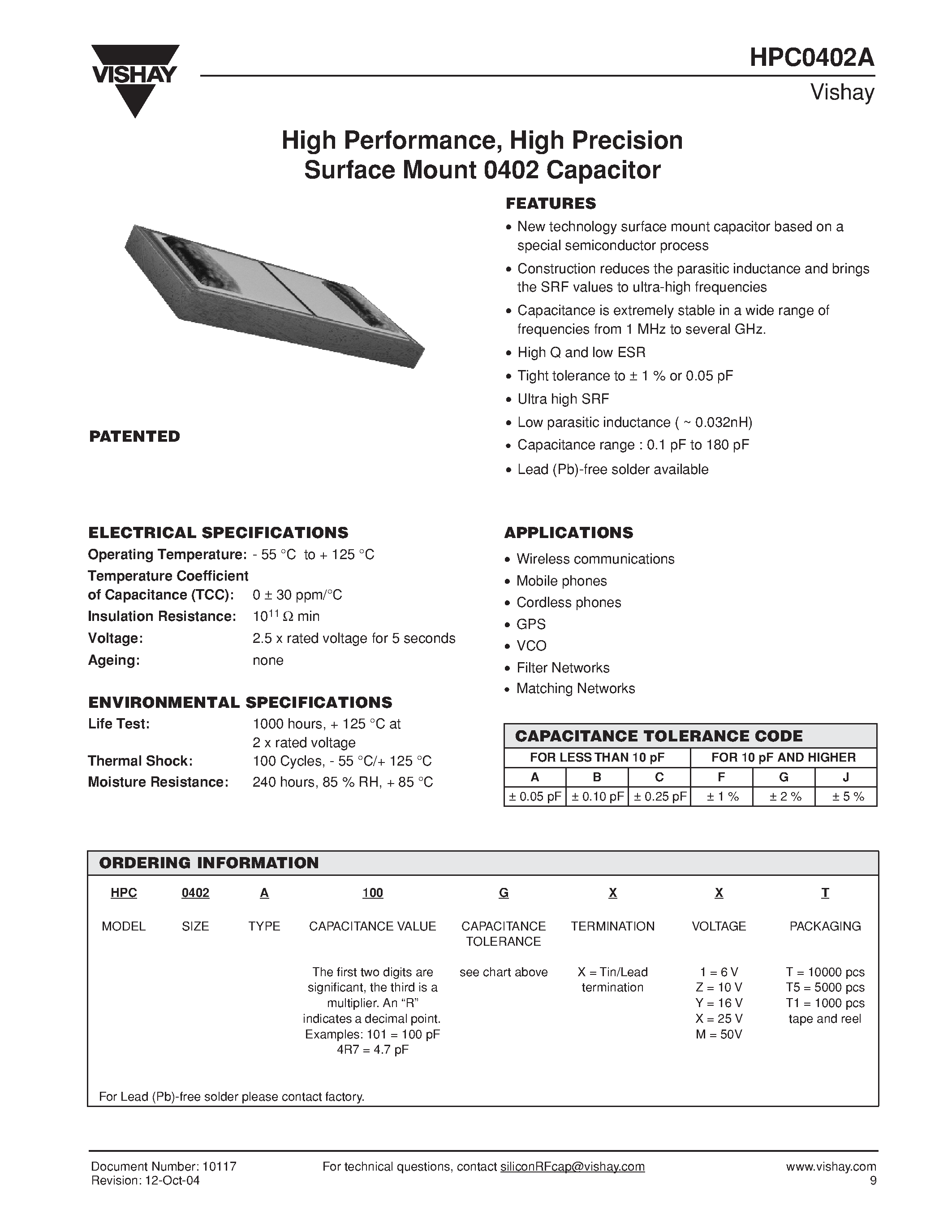 Datasheet HPC0402A - High Performance/ High Precision Surface Mount 0402 Capacitor page 1