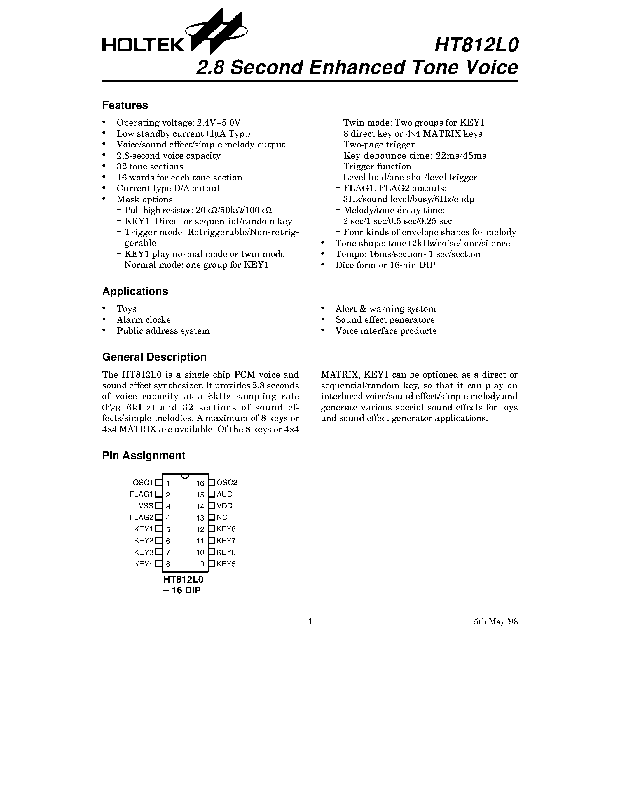Datasheet HT62L256 page 1 Datasheet HT62L256 - 2.8 Second Enhanced Tone Voice page 1