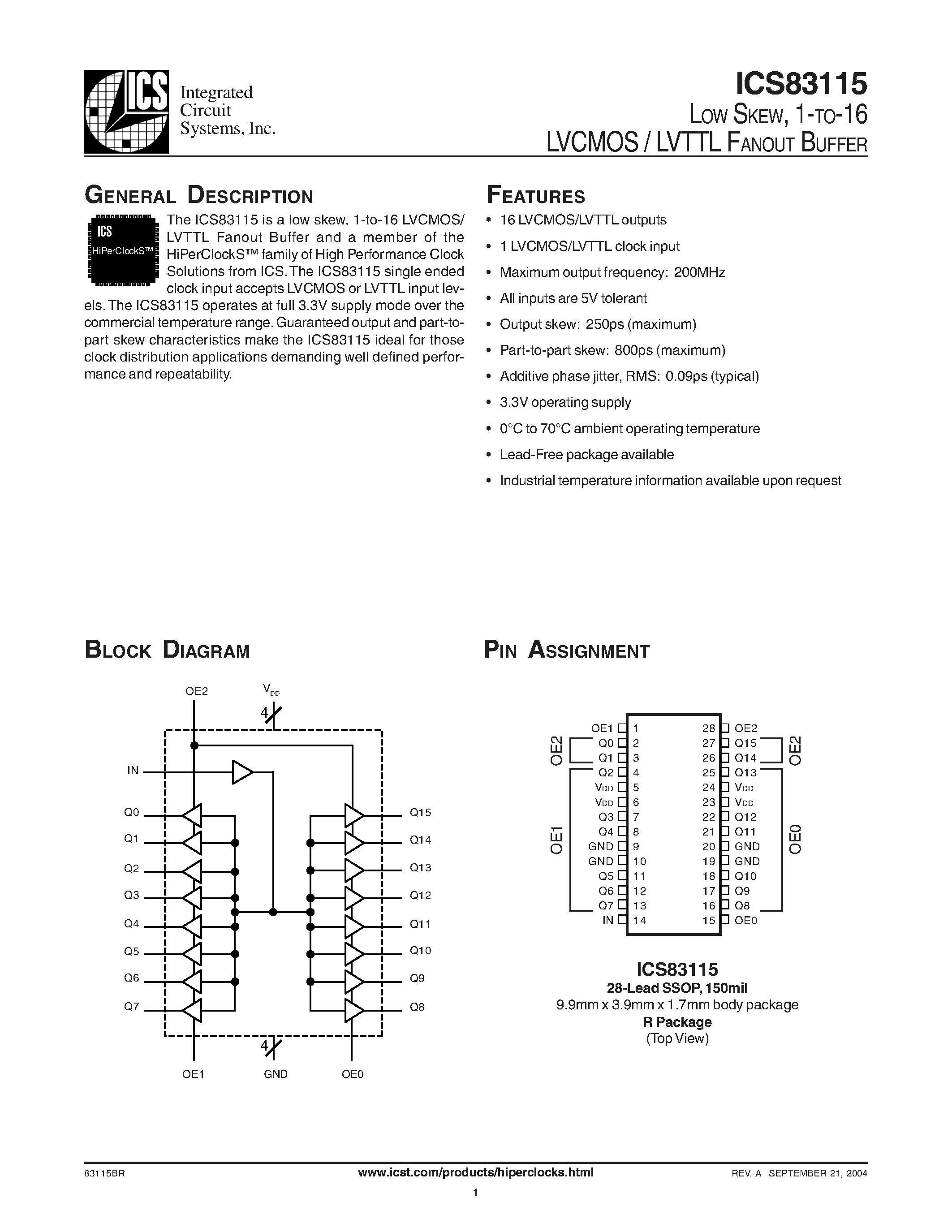 Даташит ICS83115BRT - LOW SKEW/ 1-TO-16 LVCMOS / LVTTL FANOUT BUFFER страница 1